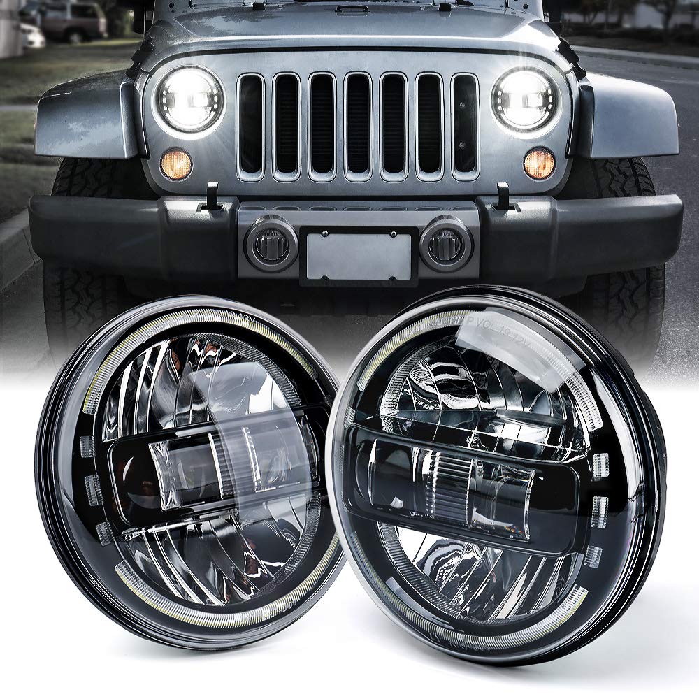 Xprite 7' Led Round Headlights Compatible With 1997-2018 Jeep Wrangler Jk Jku Lj Cj Tj Hummer H1 H2, Halo Ring Headlamps Dot Approved | High/Low Sealed Beam | Plug & Play| Black