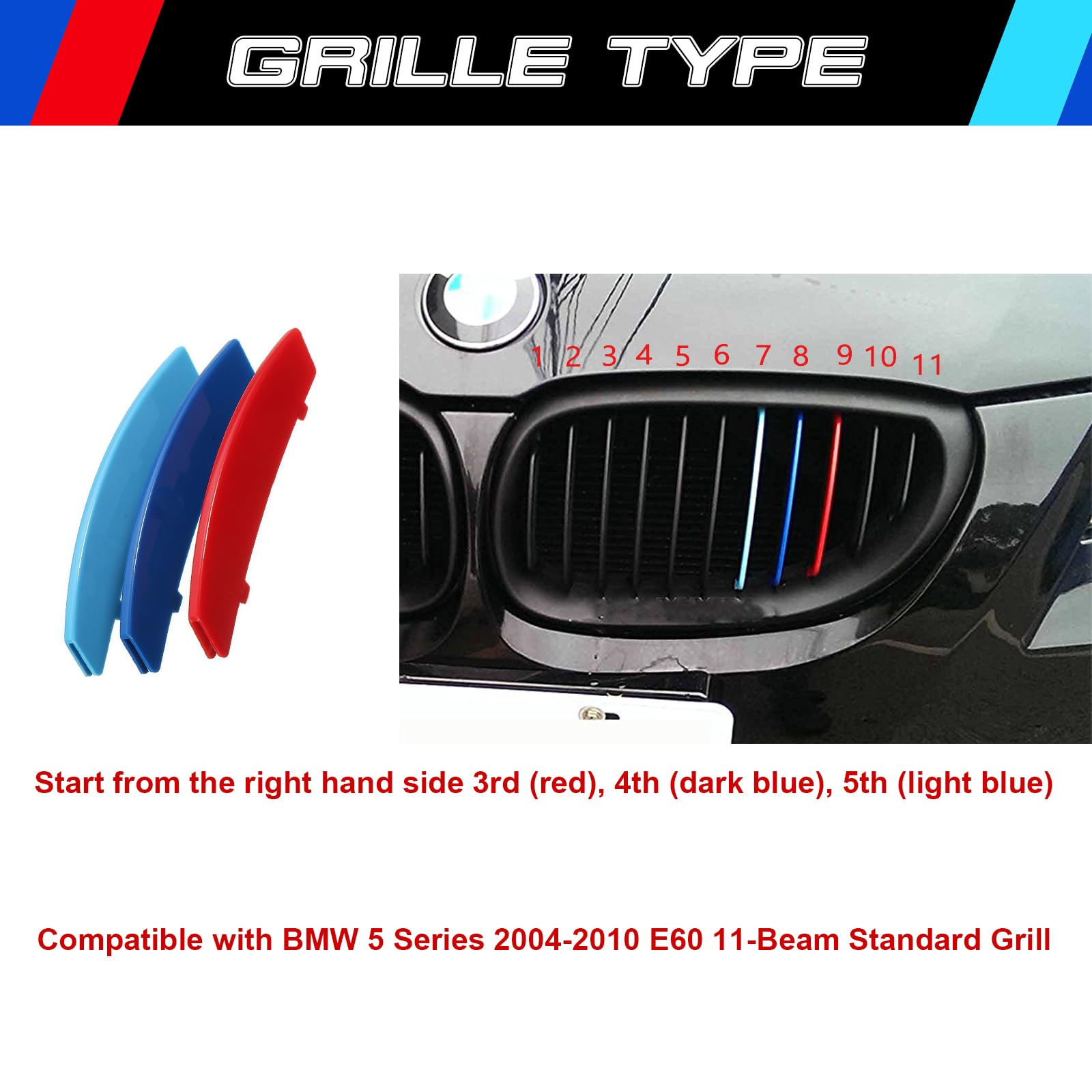 Xotic Tech M-Colored Tri Grille Insert Trims Strips, Front Center Kidney Grilles Compatible With Bmw 5 Series E60 525I 528I 530I