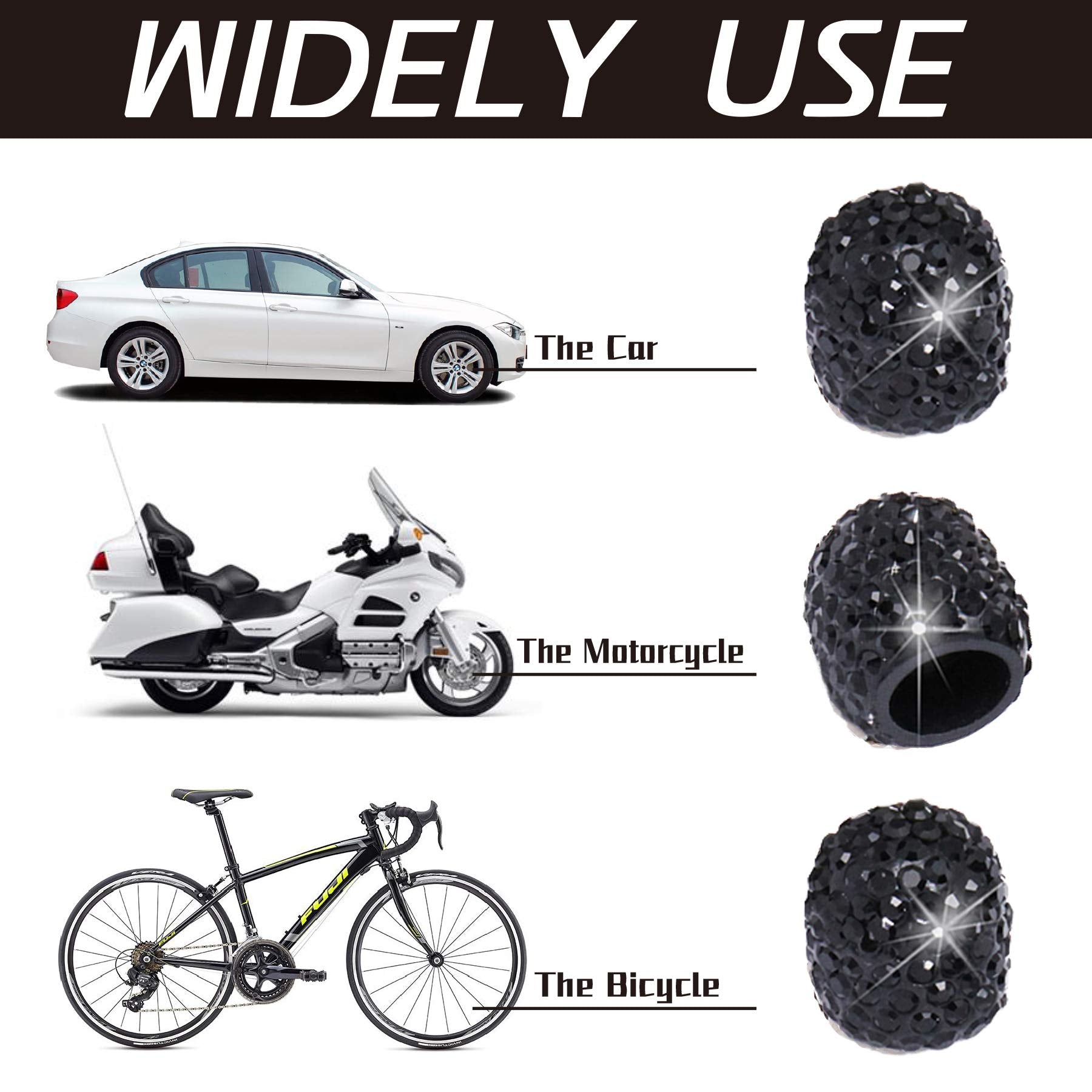 Justtop 4 Pack Handmade Crystal Rhinestone Car Tire Valve Stem Caps, Wheel Valve, Attractive Dustproof Bling Accessories, Universal For Cars, Trucks And Motorcycles-Black