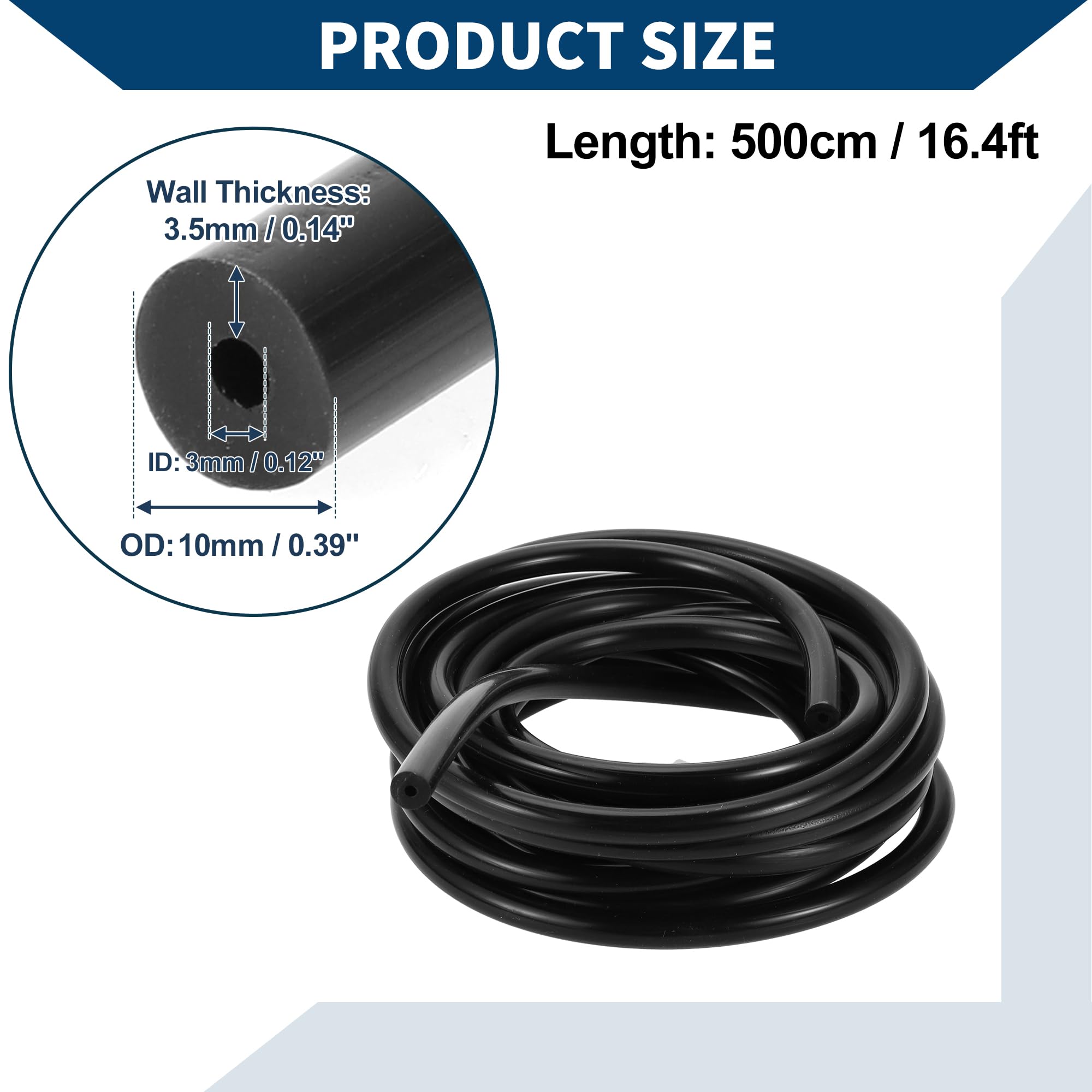 Hihaha Silicone Vacuum Tubing Hose Automotive Vacuum Line High Temperature 16.4FT 1/8'' 3mm ID 3.5mm Thickness 1 Pc Black