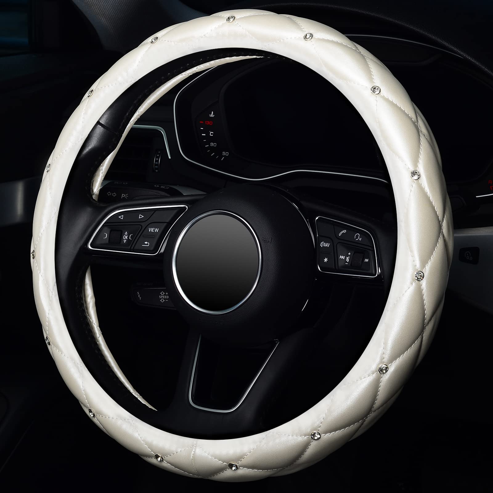 Kafeek Diamond Soft Leather Steering Wheel Cover With Bling Bling Crystal Rhinestones, Universal 15 Inch,Cream White