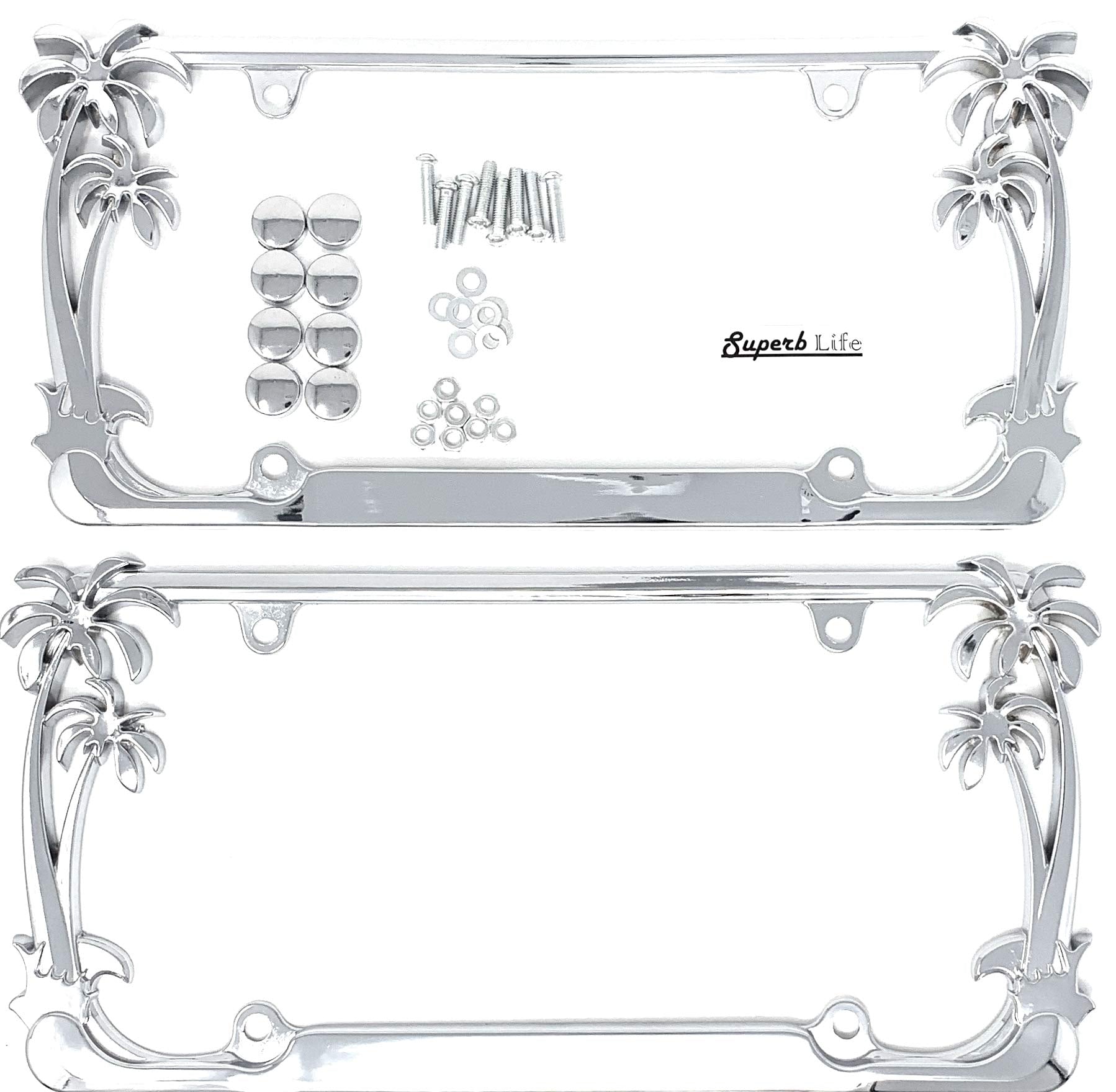 Tropical Palm Tree Chrome Polished License Plate Frame (2 Frames) with Screws Caps by Superb LNF (Chrome)