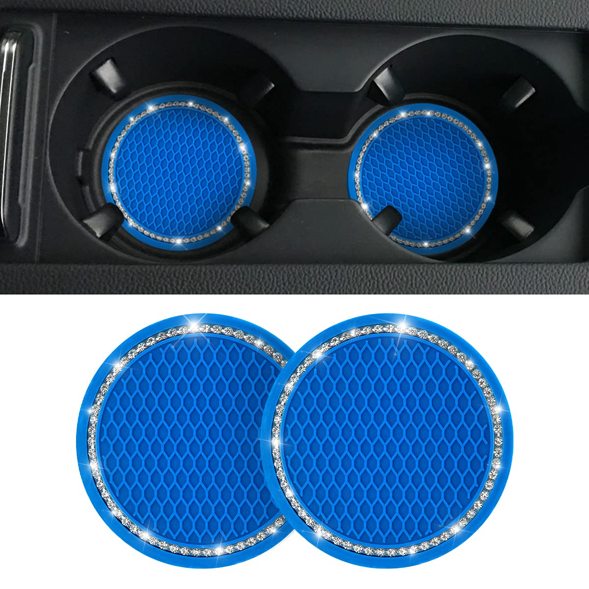 2 Pack Car Bling Cup Holder Coaster, 2.75 Inch Crystal Rhinestone Car Cup Holder Insert Coaster,Universal For Cars, Vehicles, Suvs, Car Interior Accessories For Women And Men (Deep Blue)