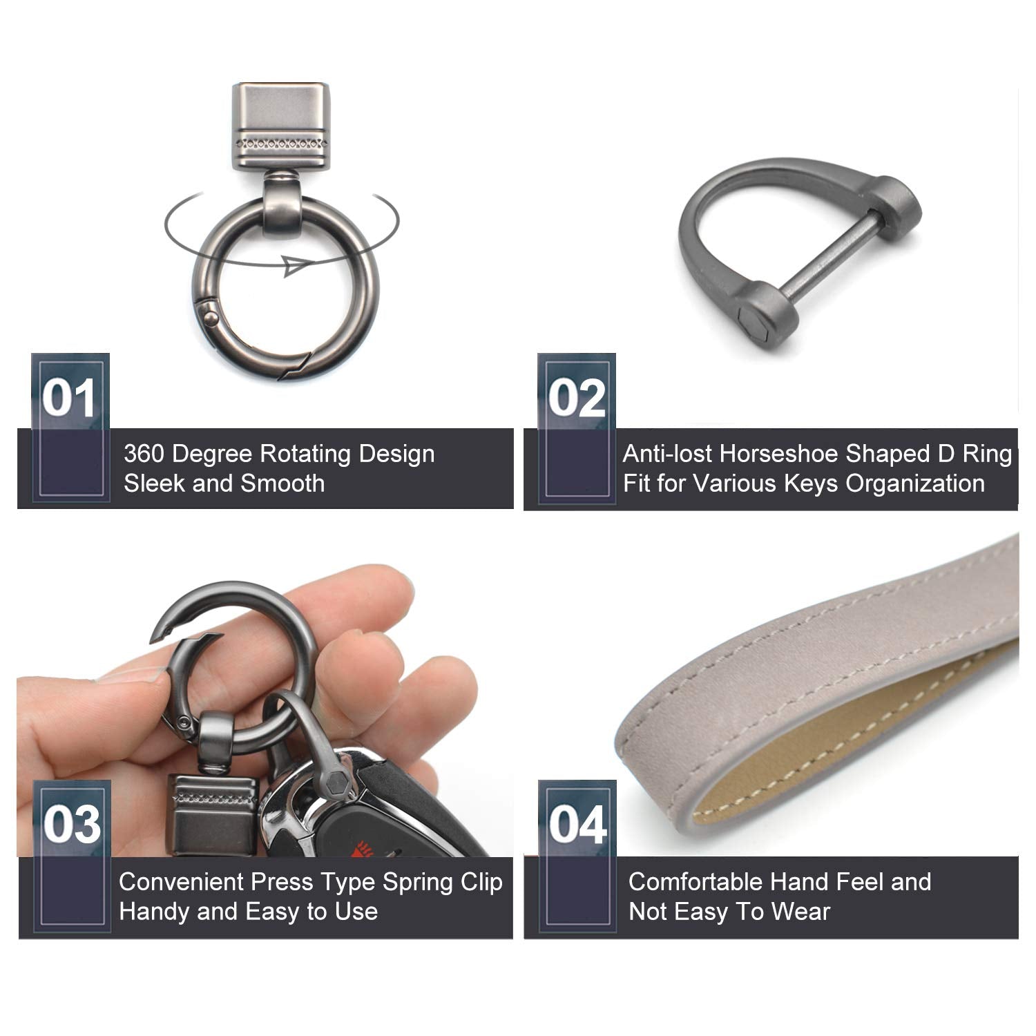 Car Fob Key Chain Genuine Leather Keychains Holder For Men And Women, 360 Degree Rotatable, With Anti-Lost D-Ring, Circle Carabiner And Key Rings, Gray Grey
