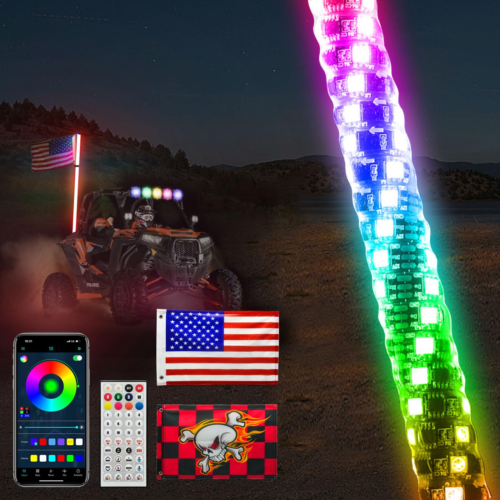 WEKILAM 4FT Whip Lights with Spring, LED Whip Light with App & Remote Control, Spiral RGB Chasing Lighted Antenna Whips, Music W