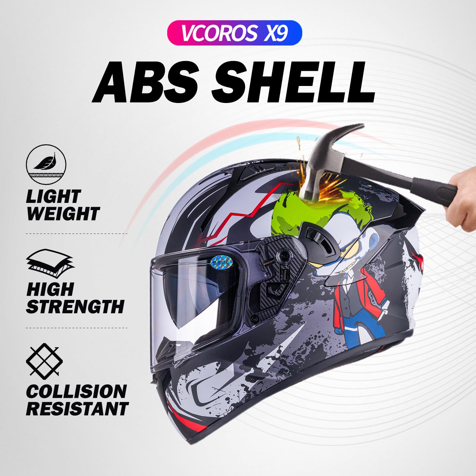 VCOROS X9 Full Face Motorcycle Helmet - DOT Approved, Medium, Alien Color, ABS, with Inner Sun Visor & Bluetooth Speaker Pockets