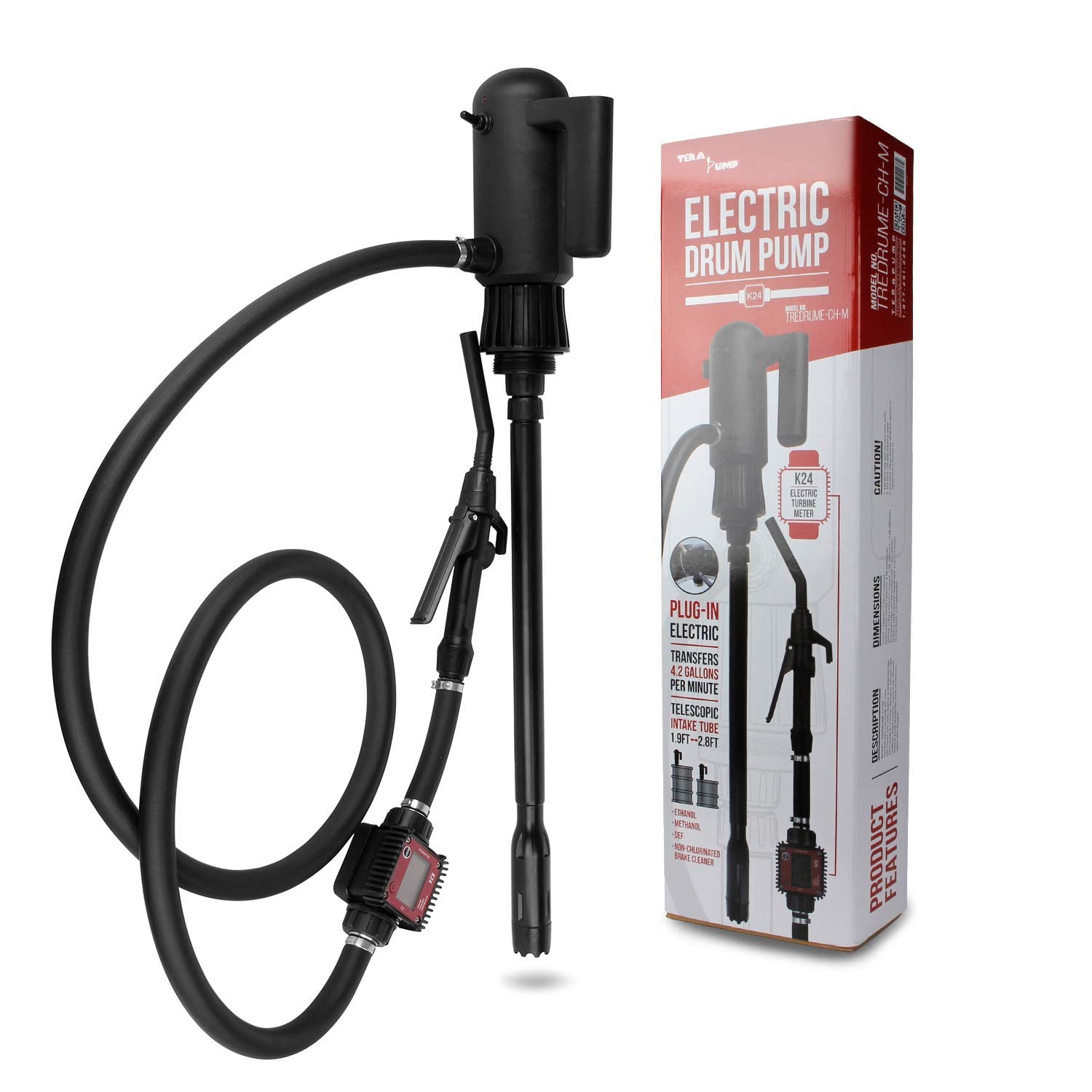 TERA PUMP TREDRUME-CH-M Telescopic Chemical Pump - Electric 55 Gal Drum Barrel Pump with Flow Meter/Ethanol/Methanol/DEF/Water (