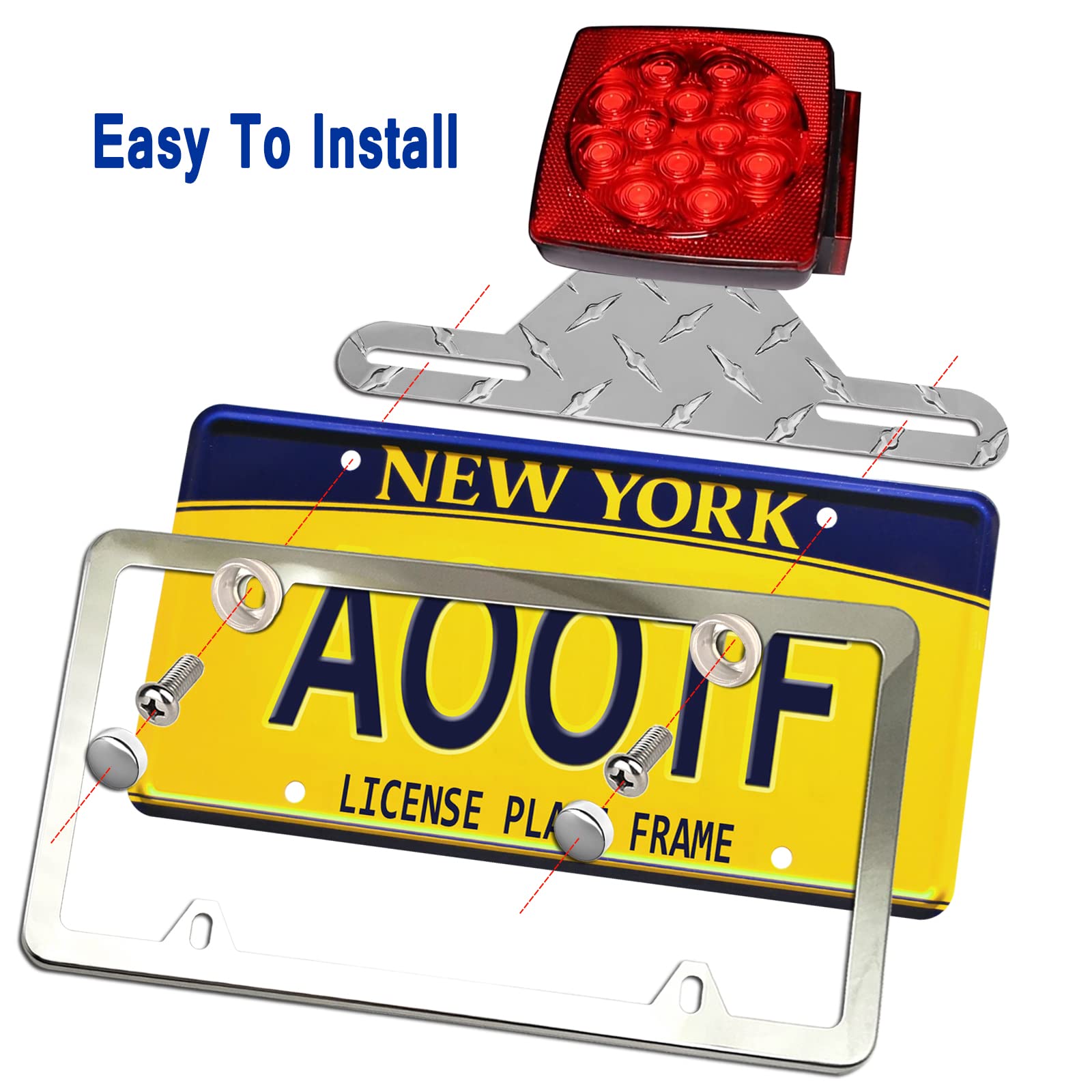 Aootf Trailer License Plate Bracket Holder- Truck/Rvs/Boats Aluminum Car Tag Frame And Stainless Steel Chrome Cover, Universal License Plate Light Mounting Kit With Screw Cap
