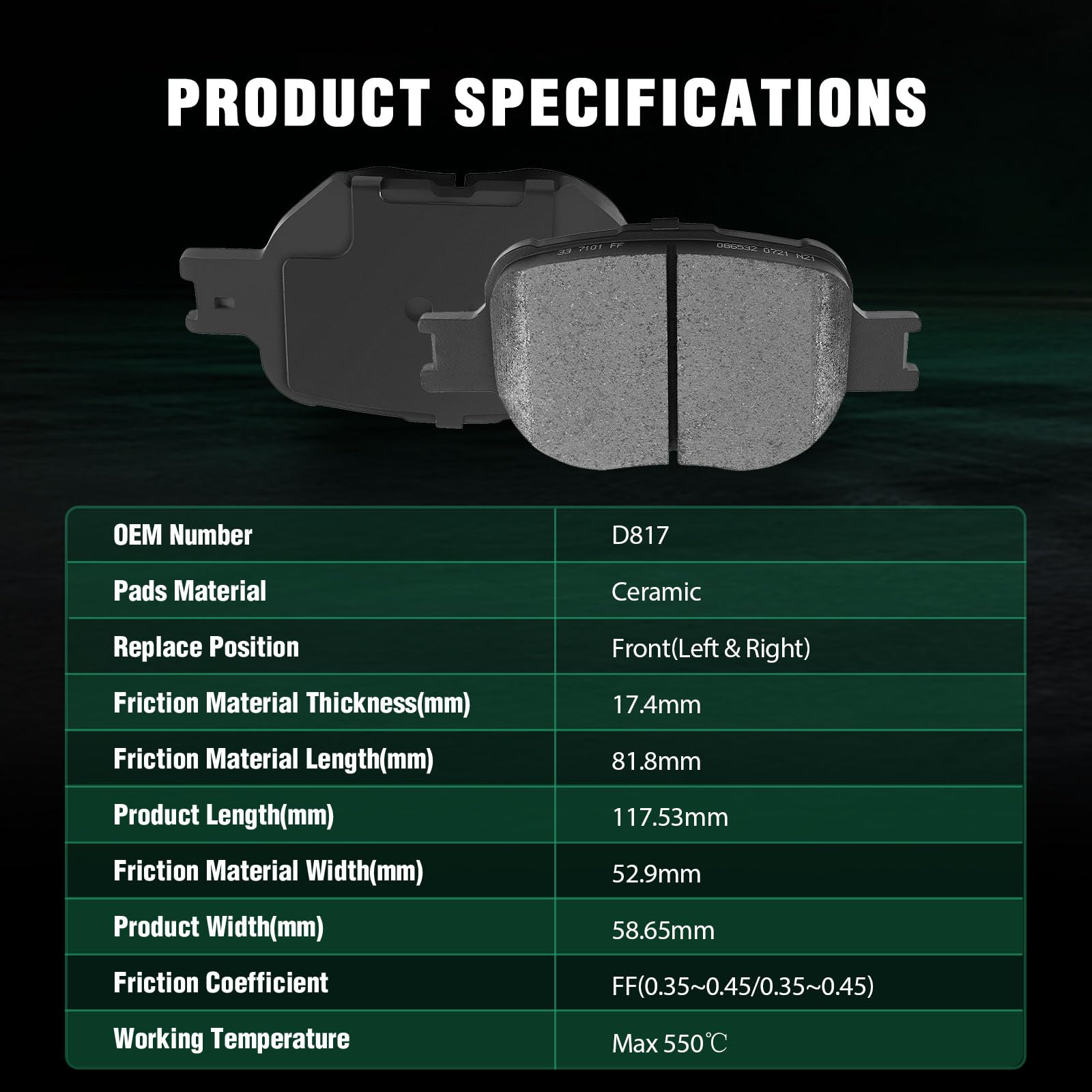 Automuto 4Pcs Front Ceramic Disc Brake Pads Set D817 For Scion Tc 2010,For Toyota Celica 2000-2005