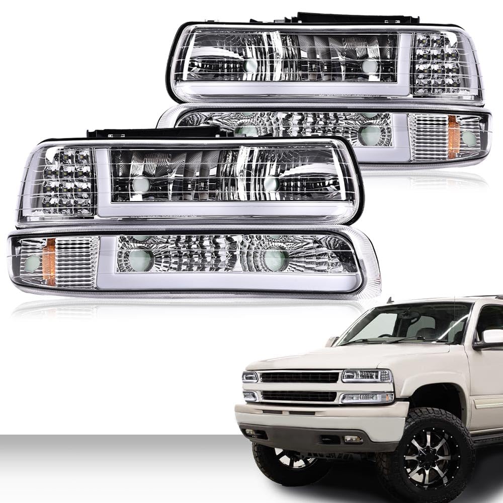 Pit66 Led Drl Headlight Assembly, Compatible With 1999-2002 Chevy Silverado / 2000-2006 Tahoe Suburban Headlamp W/Bumper Lights