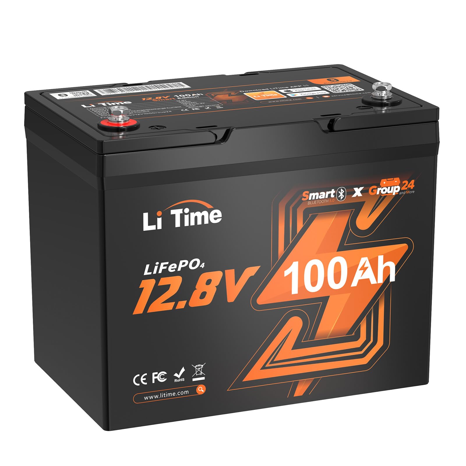 Litime 12V 100Ah Group 24 Bluetooth Lifepo4 Battery, Deep Cycle Lithium Battery, Built-In 100A Bms With Low-Temp Protection, Max