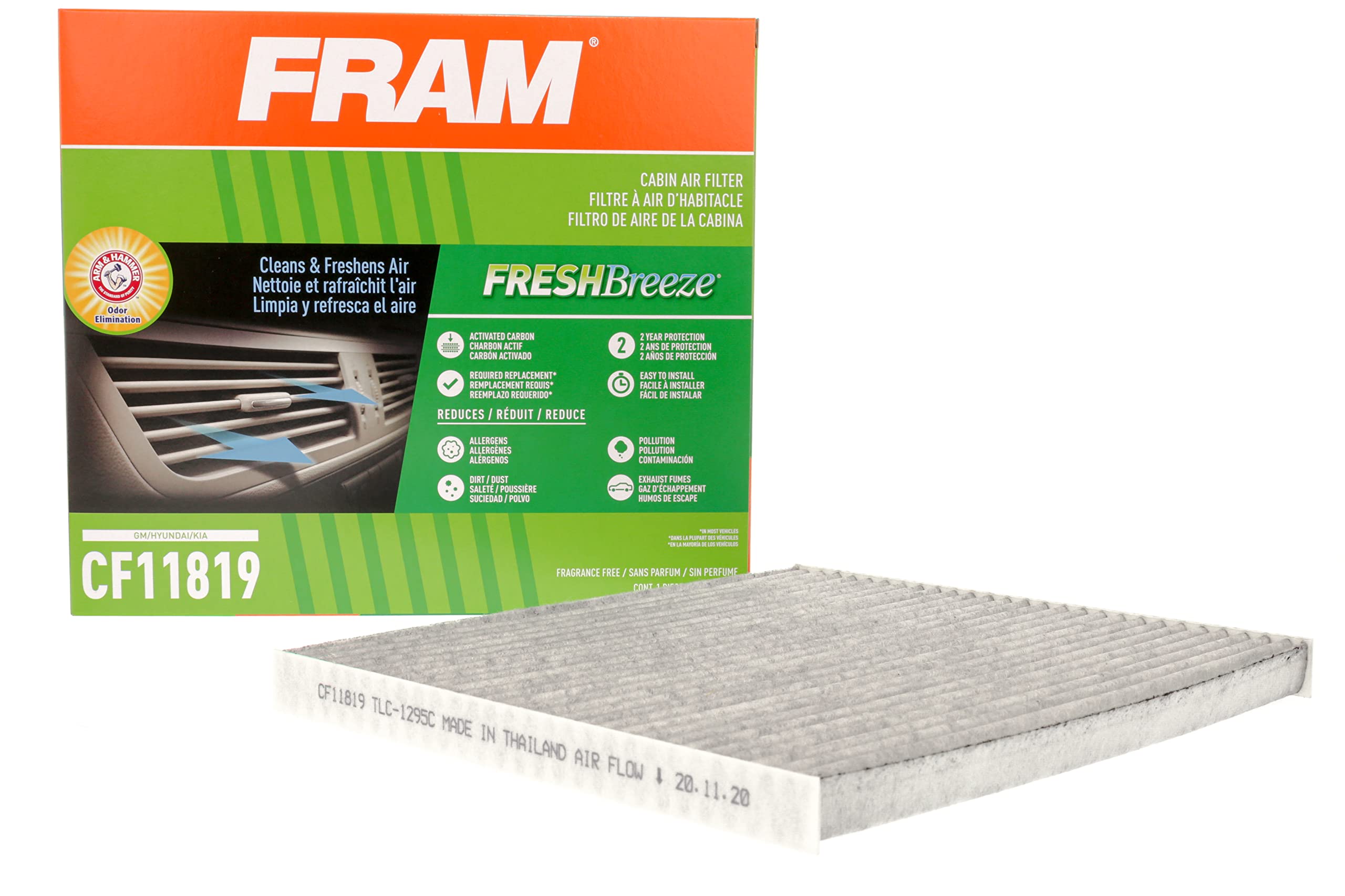 FRAM Fresh Breeze Cabin Air Filter Replacement for Car Passenger Compartment w/ Arm and Hammer Baking Soda, Easy Install, CF1181
