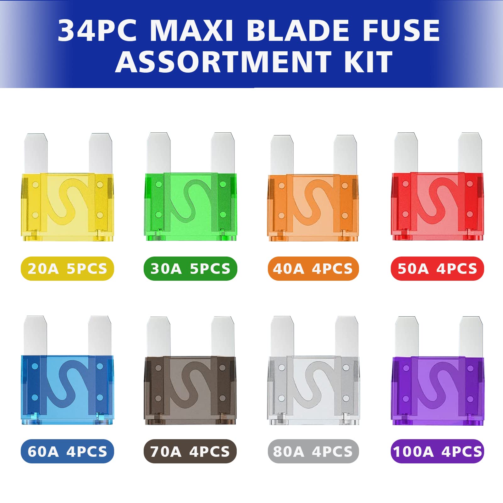Maxi Blade Fuse Assortment Car Fuse 20A 30A 40A 50A 60A 70A 80A 100A Maxi Auto Fuse Kit Busy-Corner 34 Pieces