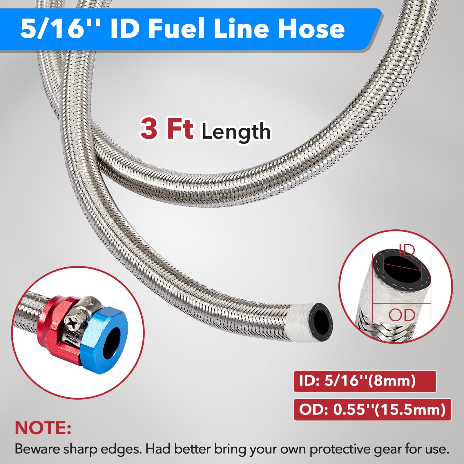 Carbole Stainless Steel Braided Fuel Line, 5/16'' I.D. Diesel Hose Swap Efi Ptfe With Fittings For Automotive Fuels Lubricants C