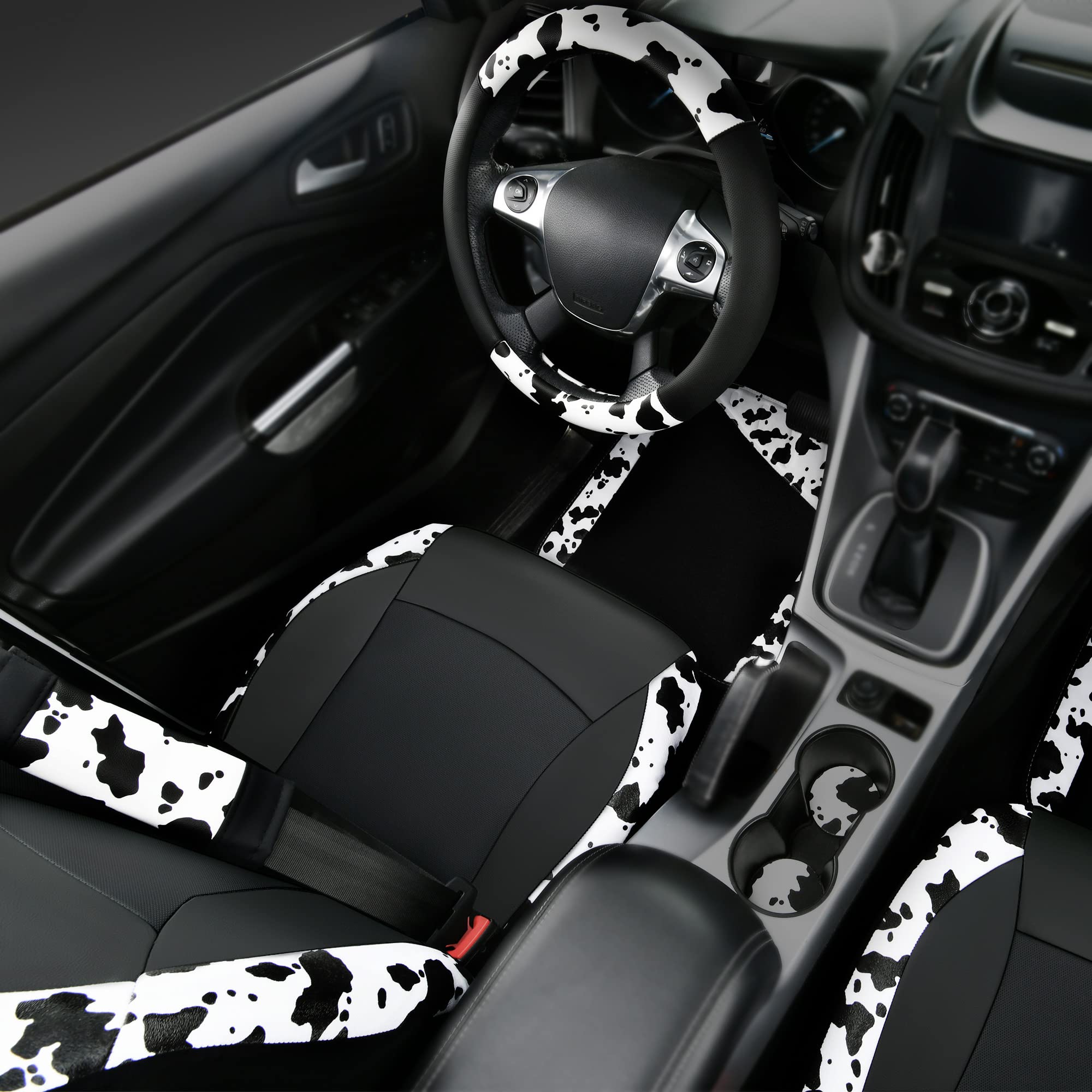 Car-Pass Cow Print Car Accessories Sets Faux Leather Car Seat Covers & Cow Car Mats & Cow Steering Wheel Cover Seat Belt Pads Un