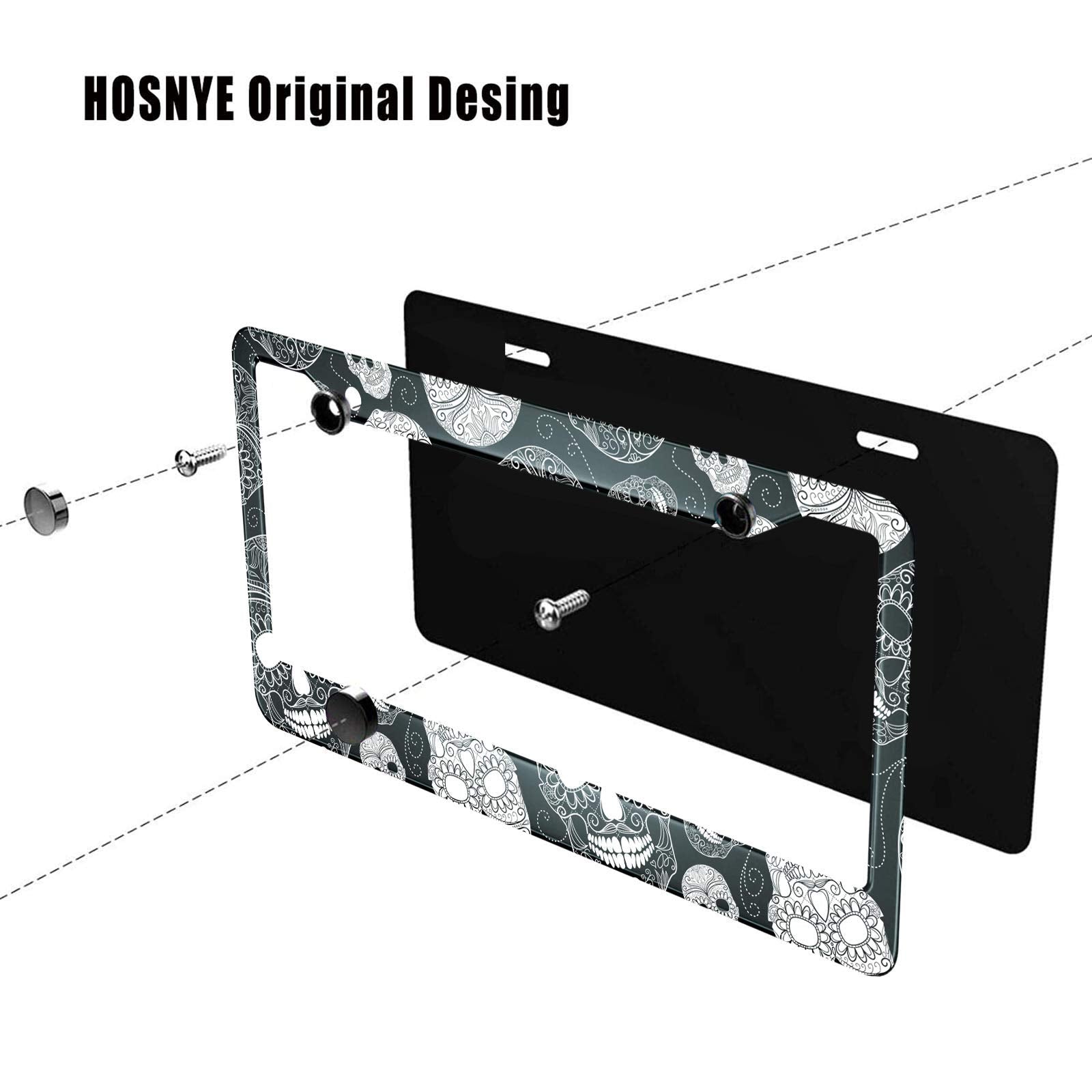 HOSNYE Black and White Sugar Skull License Plate Frame Day of The Dead Cartoon Indian Style Metal License Plate Cover Front Plat