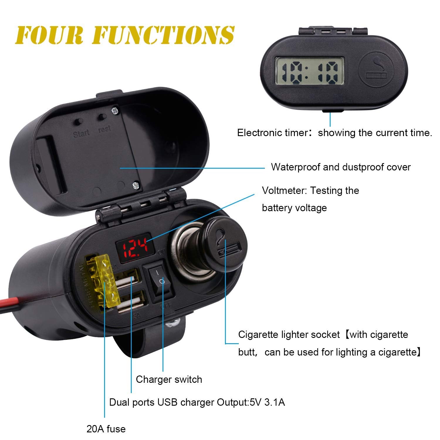 Bluefire 5V/3A Dual Usb Charger Socket Waterproof Motorcycle Handlebar & Rear View Mirror Clamp Power Adapter Charger With Cigar