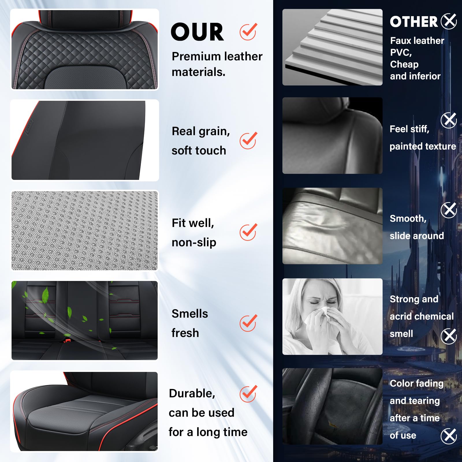 Coverado Car Seat Covers Front Seats, 2 Piece Car Seat Protector With Removable Headrest, Nappa Leather Breathable Front Side Al