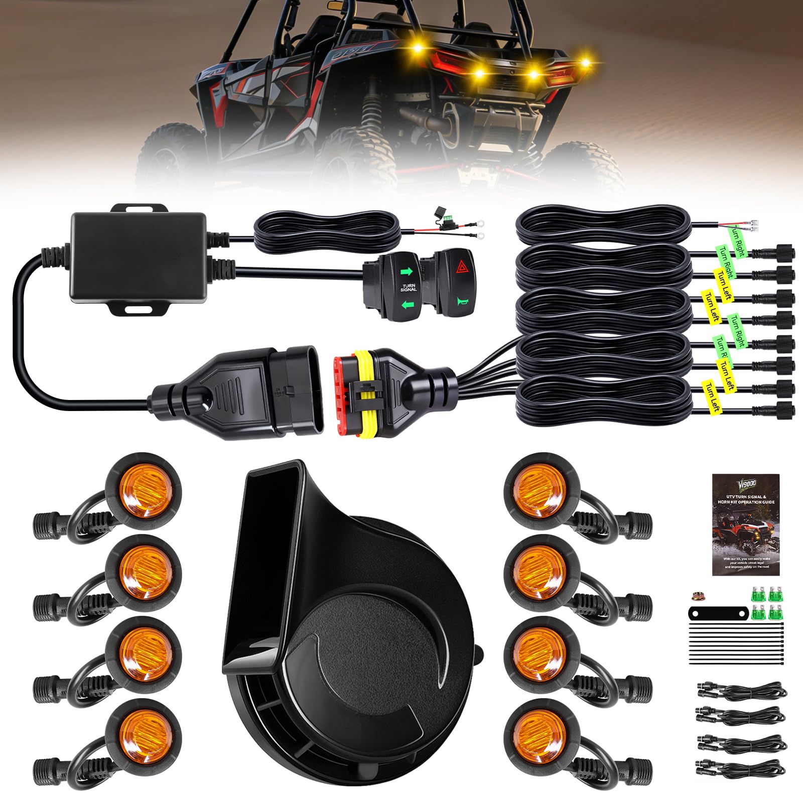 VI9000 UTV Turn Signal Kit, Pre-Wired, Plug and Play Universal Street Legal UTV Blinker Kits with Rocker Switch, Hazard Light, 1
