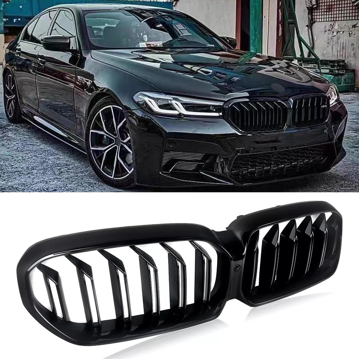 AceRide G30 Grille Front Bumper Kidney Grill Compatible with BMW 5-Series G30 G31 2021 2022 2023 Double Slats Grills(Gloss Black