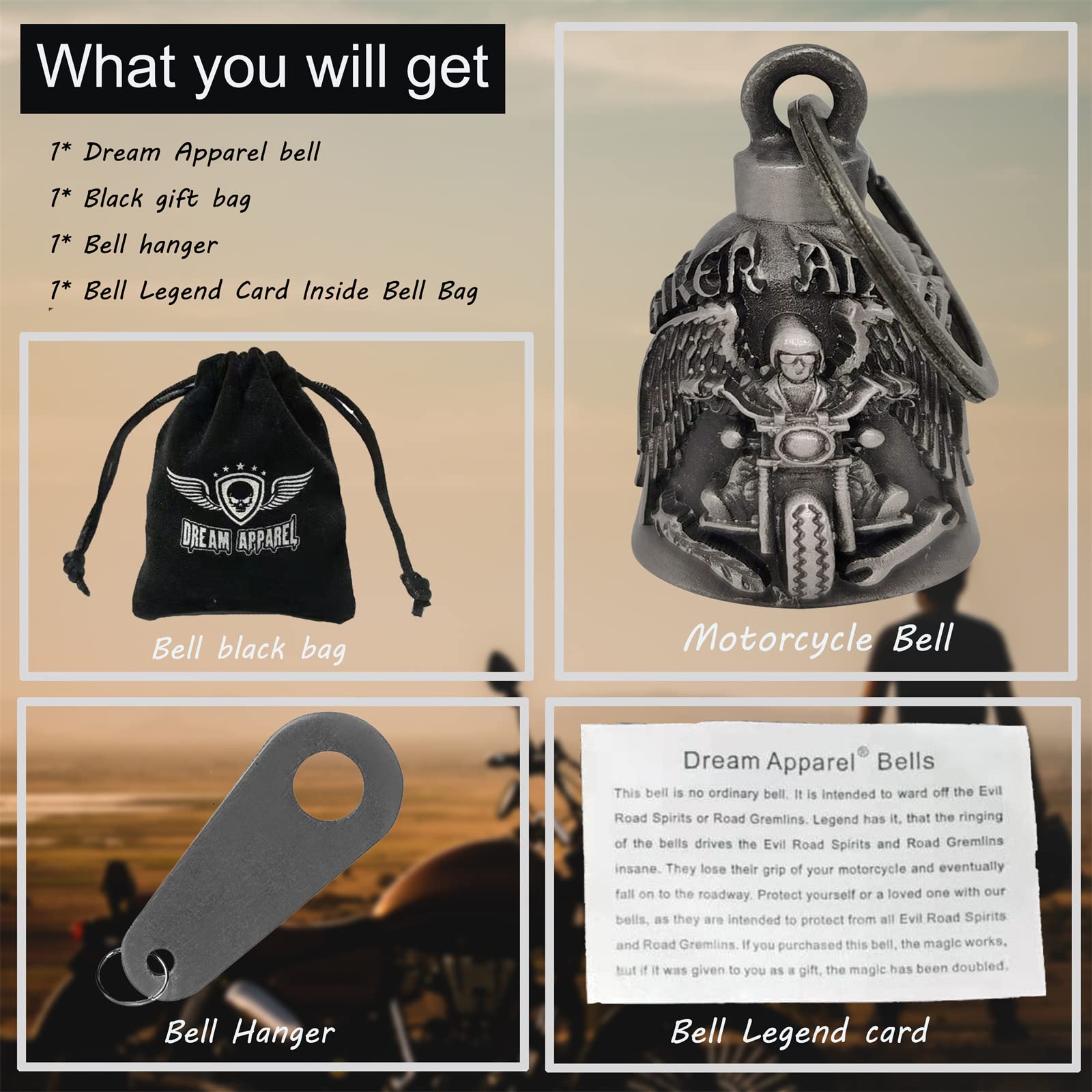 Dream Apparel Motorcycle ride bell for bikers,heavy spirit bells accessory and key chain for luck (DBL6-L Biker Angel)