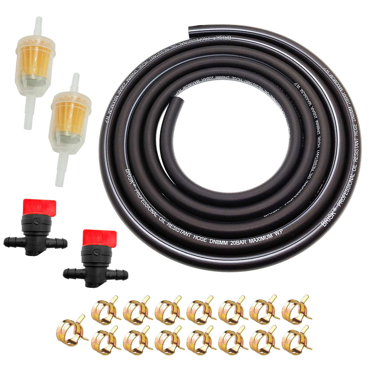 9.85-Foot 5/16 Inch ID Fuel Line Set+ 15 Pcs 2/5'' ID Hose Clamps + 2 Pcs 5/16 Inch Fuel Filters + 2 Pcs 1/4 Fuel Shut-Off Valve