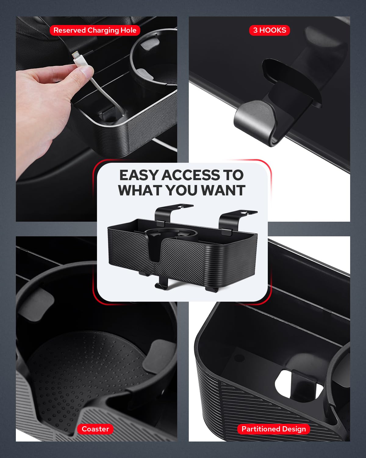 Benlari Car Headrest Backseat Organizer Cup Holder - 3 in 1 Seat Back Organizer with 3.7'' Cup Holder, Headrest Hooks, Multifunc