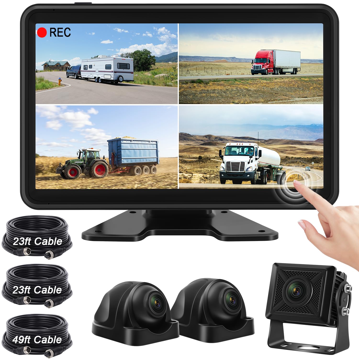 Losuudy Wired Backup Camera System With 10.1'' Touch Monitor, 3 Hd 1080P Rear View& Side View Cameras, 4 Split Screen, Night Vis