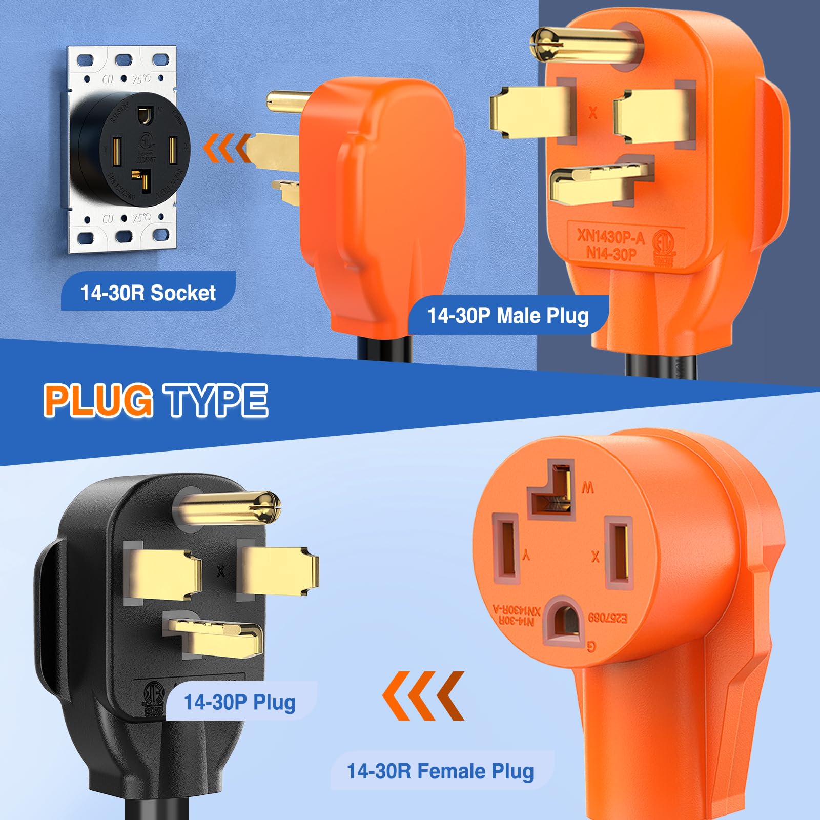 Nilight Ev Dryer Y Splitter Adapter Cord 30 Amp Male Plug To Two 30Amp Female Receptacle 4 Prong 125V/250V 7500 Watt Pure Copper