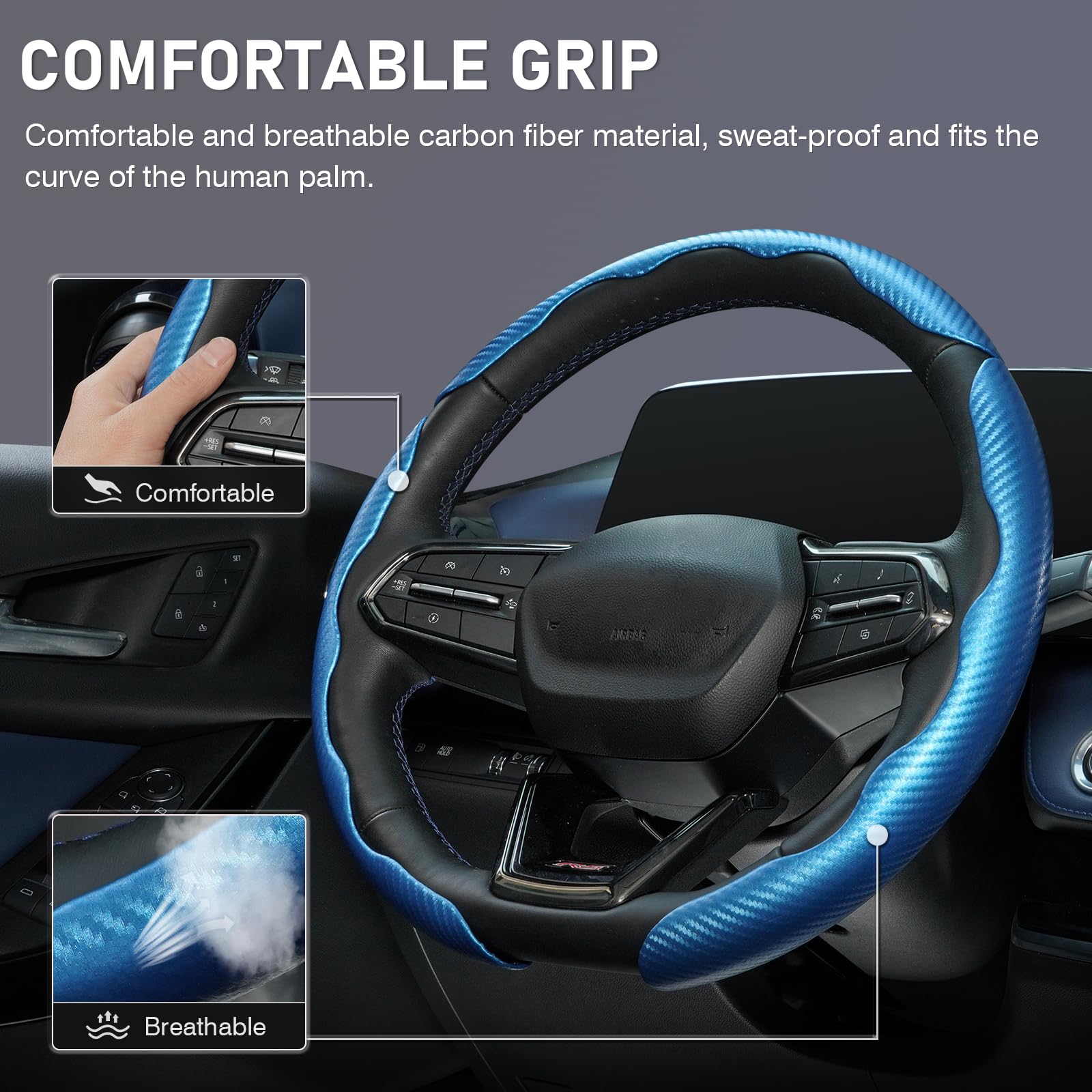 3 Piece Carbon Fiber Steering Wheel Cover, Car Steering Wheel Cover For Men/Women, Anti-Slip, Comfortable Grip, Durable, Univers