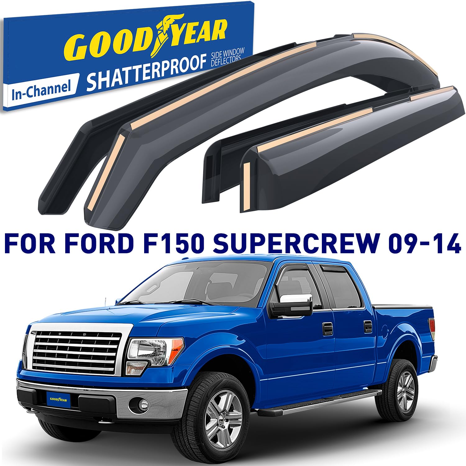 Goodyear Shatterproof In-Channel Window Deflectors For Trucks Ford F-150 2009-2014 Supercrew, Rain Guards, Window Visors For Car