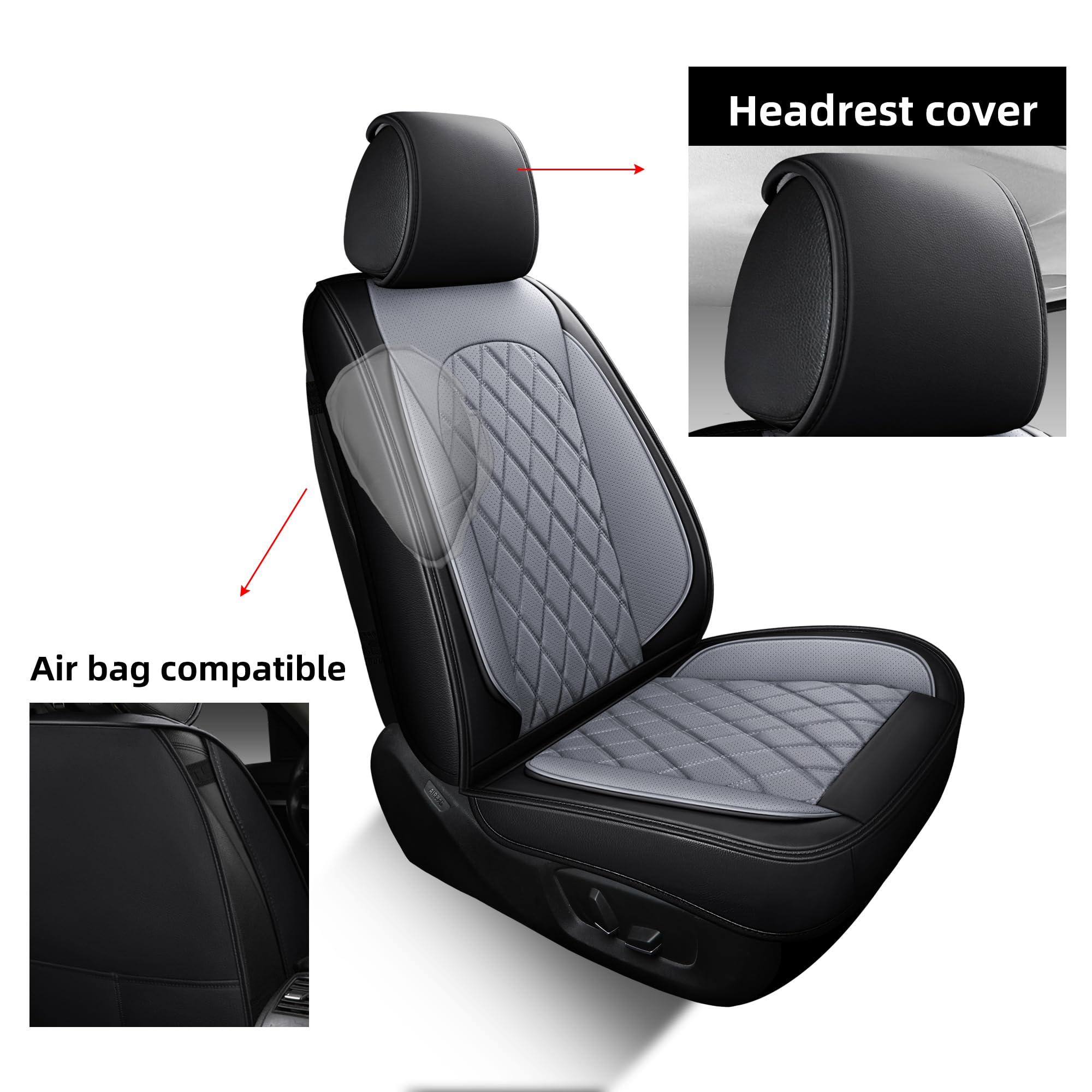 LINGVIDO Gray Waterproof Leather Car Seat Covers, Universal Fit Leather Protector for Cars, SUVs and Trucks(Black & Gray, Full S