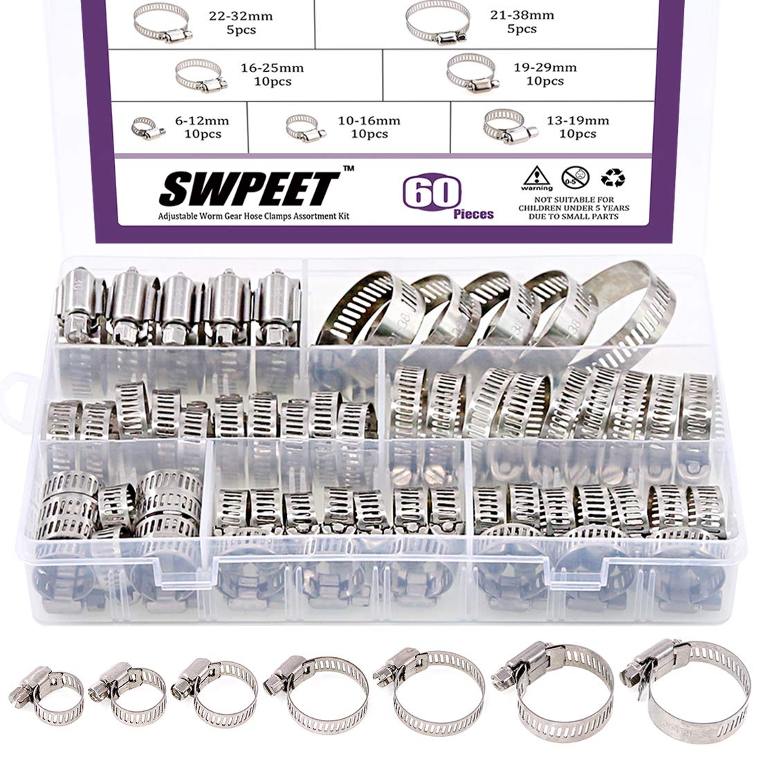 Swpeet 60Pcs Assorted Sizes Hose Clamps Kit, 304 Stainless Steel Adjustable 6-38Mm Range Worm Gear Hose Clamp Perfect For Plumbi