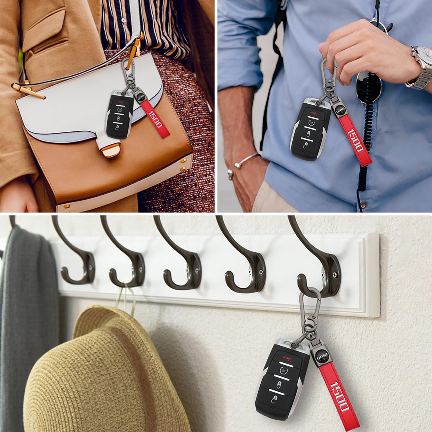 LINOAH Key Chain for Ram 1500 Leather Car Keychain, Compatiable With Dodge Ram 1500 Accessories, Red Key Chain with 360 Degree R