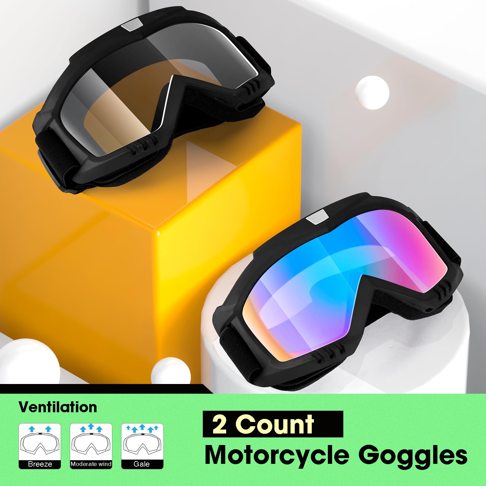 Dirt Bike Goggles, Motorcycle Goggles, 2 Pack Atv Goggles, Riding Goggles, Ski Goggles, Windproof Glasses, Racing Helmet Goggles