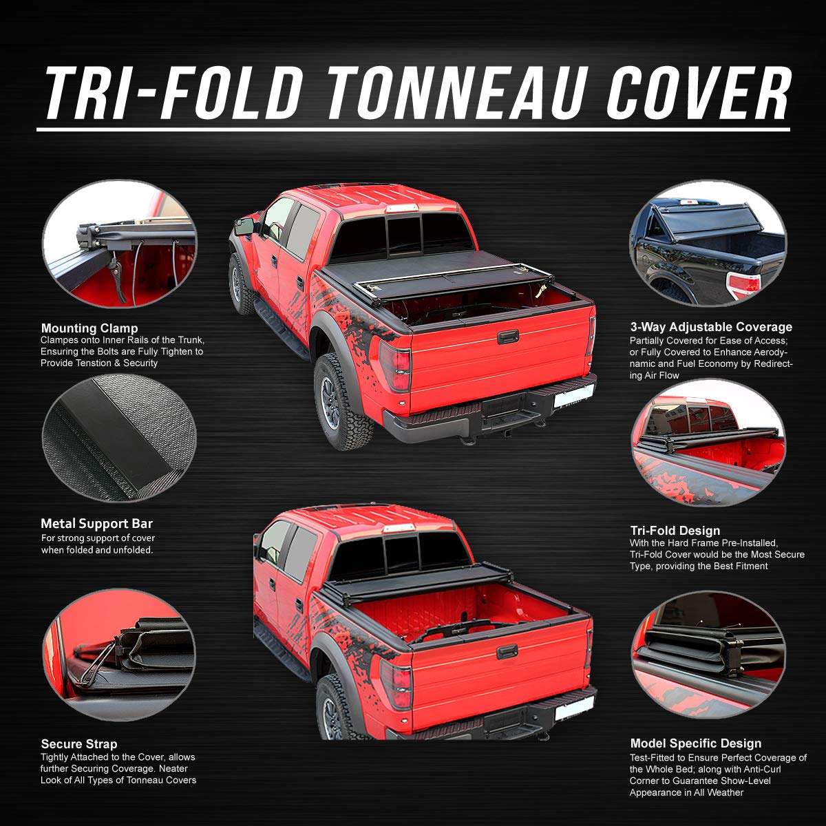 Dna Motoring Ttc-Trisoft-003 Truck Bed Soft Tri-Fold Adjustable Tonneau Cover Compatible With 75-96 Ford F-150 6.5Ft Fleetside /