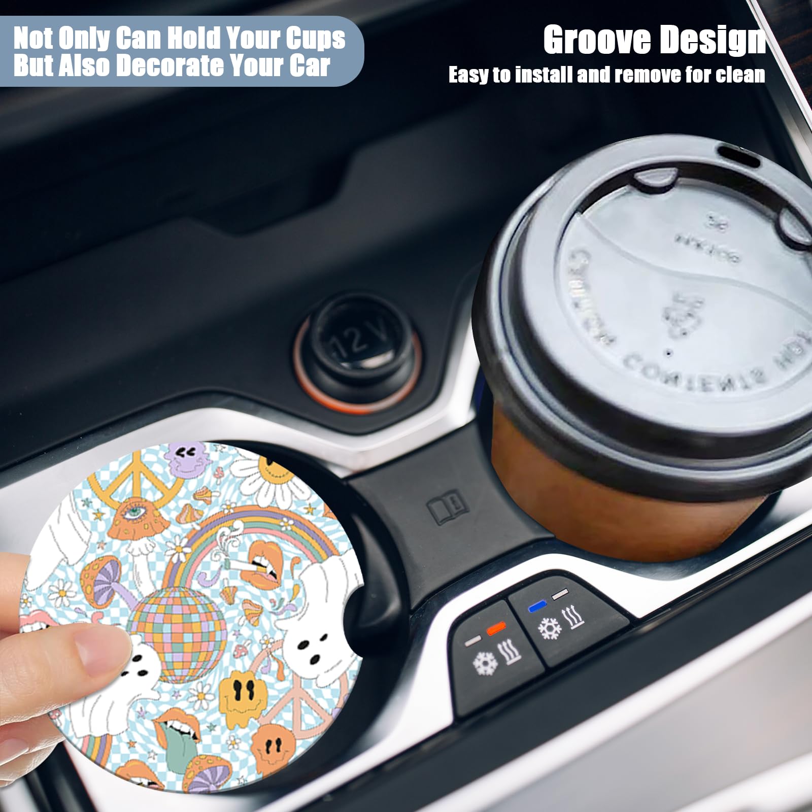 Funny Ghost Car Cup Holder Coaster -Halloween Absorbent Ceramic Coaster, Car Coasters for Cup Holders, Auto Accessories for Wome