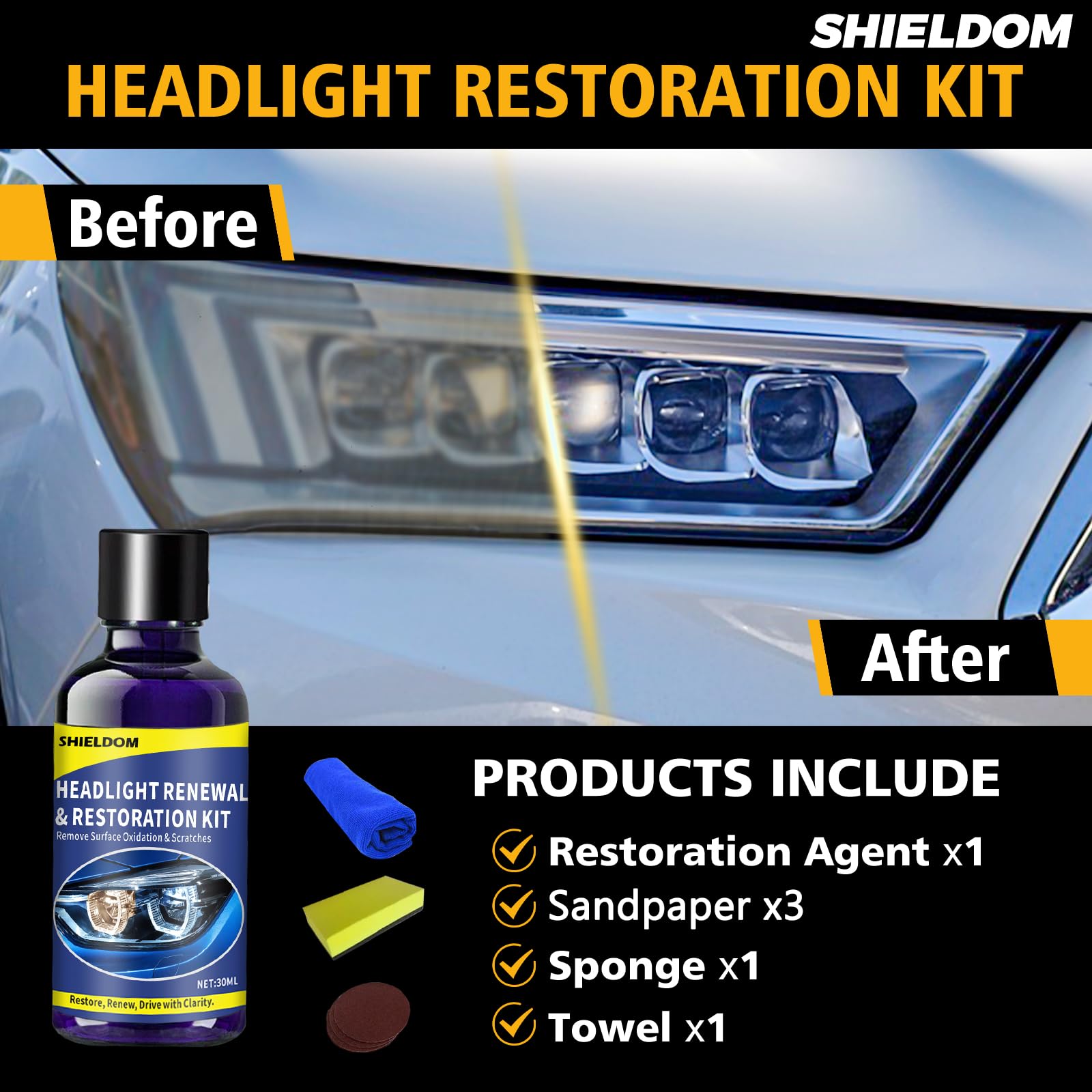 Shieldom Car Headlight Restoration Kit Restorer For Auto Headlamp Cleaner Renewal Set Of | 3X Sandpaper | 1X Sponge | 1X Towel |