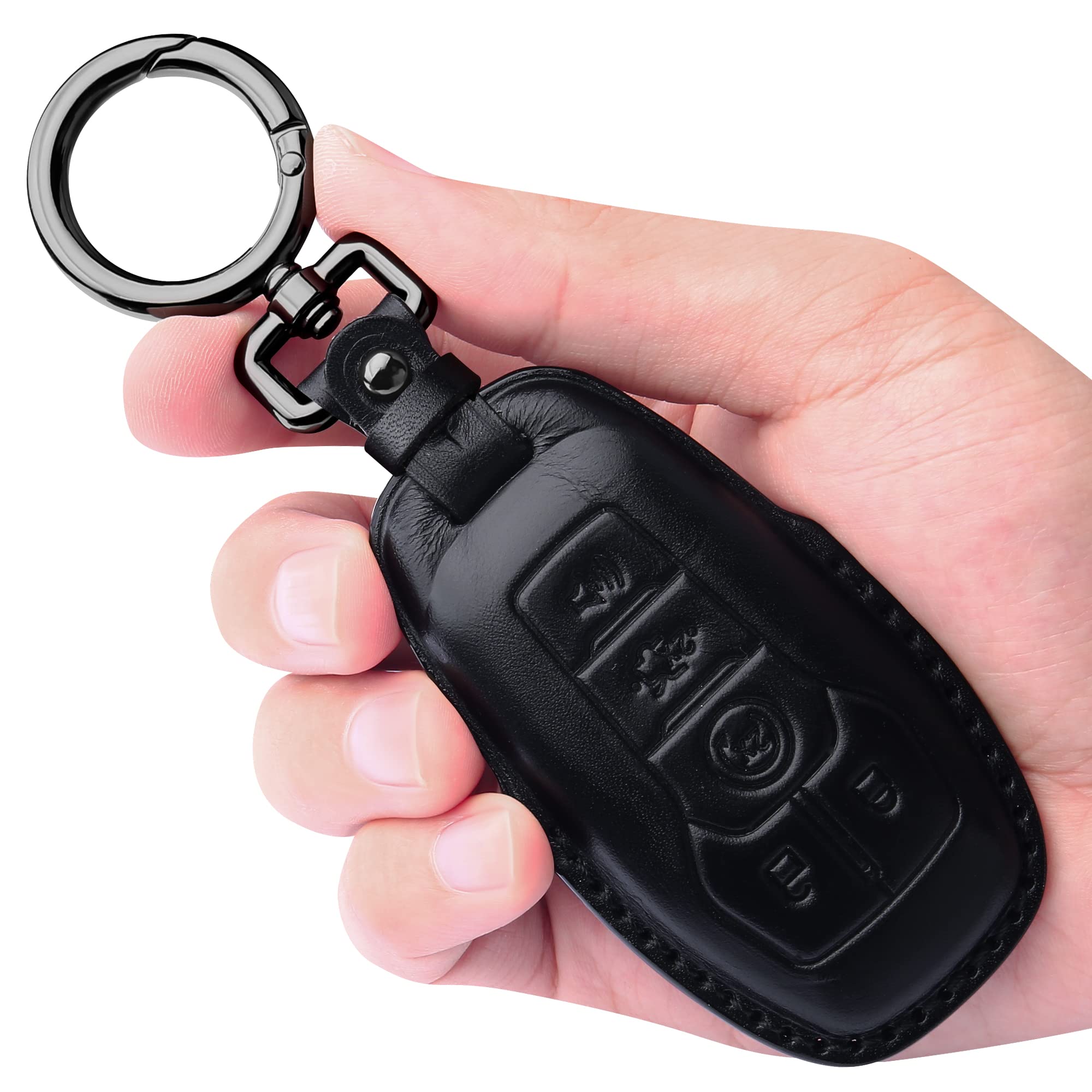 Tukellen For Ford Leather Key Fob Cover With Keychain Compatible With 2013-2016 Ford Fusion 2015-2017 Ford Mustang F-150 Explorer-Black(Red Line)