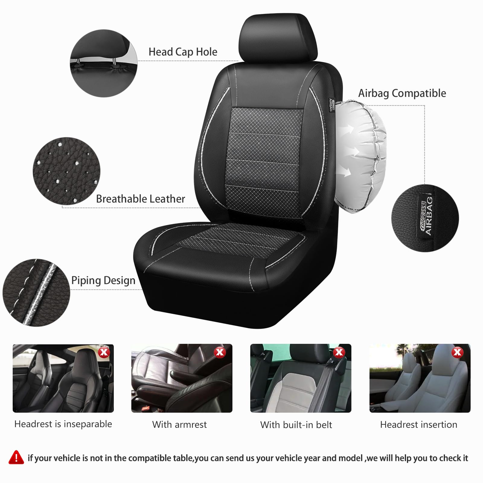 Car Pass Piping Pu Leather Car Seat Cover Full Set, Inside Zipper Design And Reserved Opening Holes, Airbag Compatible,Universal