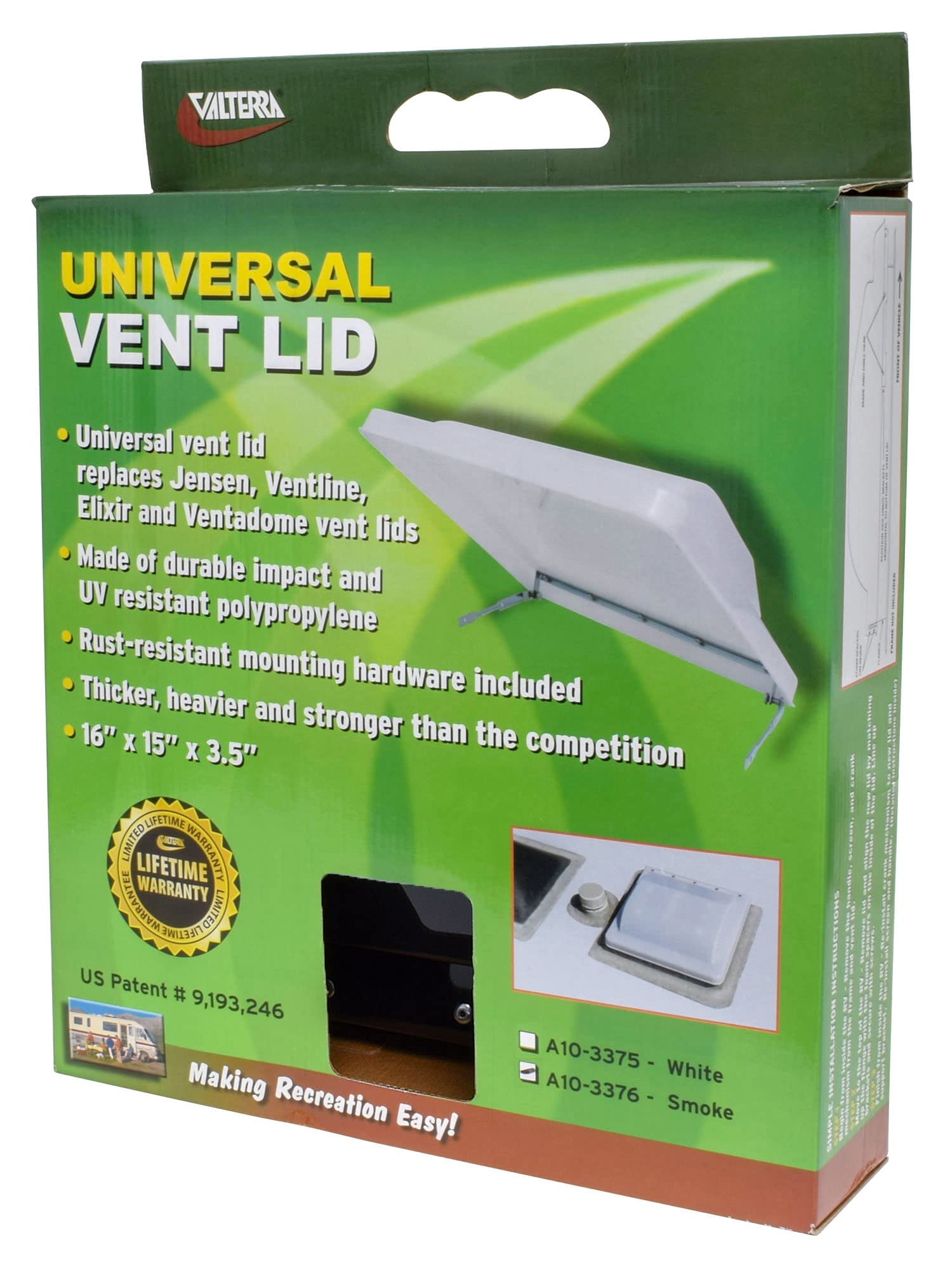 Valterra A10-3376 Vent Lid (Universal, 16'' x 15'' x 3.5'', Smoke),1 Pack