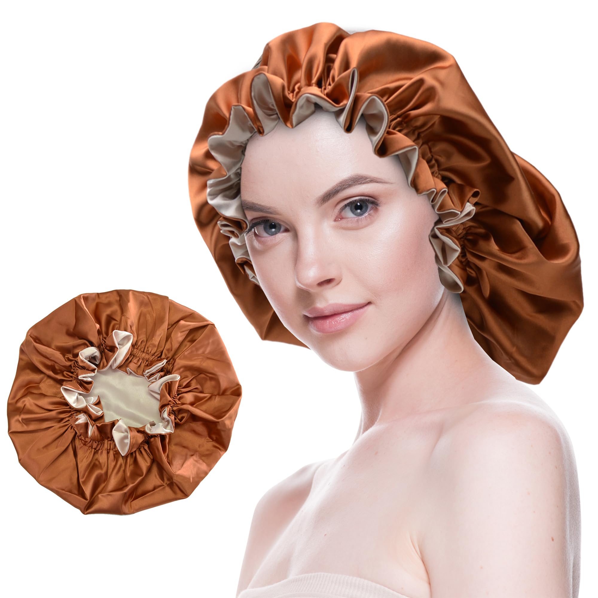 Beutyme Silk Bonnet for Sleeping Satin Bonnets Double Layer Reversible Hair Cap Bonnet for Women Long Curly Braid Hair (Copper)-New