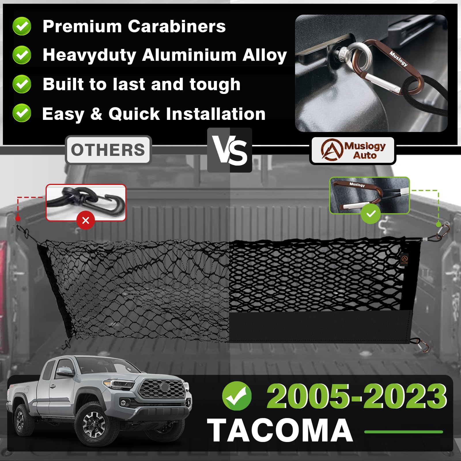 Muslogy Truck Bed Cargo Net for Toyota Tacoma 2005-2023, Black, Heavy Duty Polyester with Carabiner, Model MUS-CARGO NET-5
