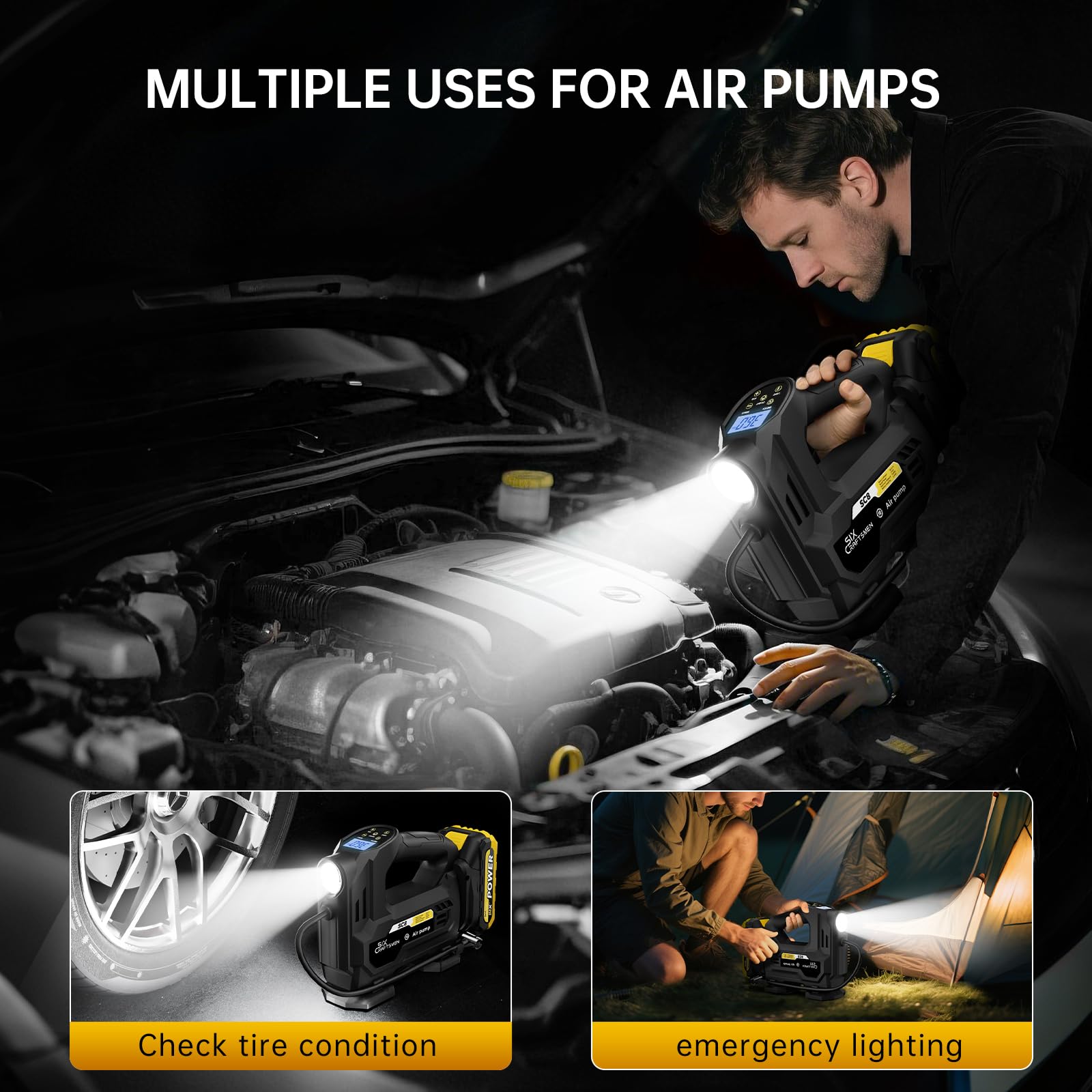 Six Craftsmen Tire Inflator Portable Air Compressor, 20V Cordless Car Tire Pump with LED Light&Gauge, 150PSI Automotive Car Acce