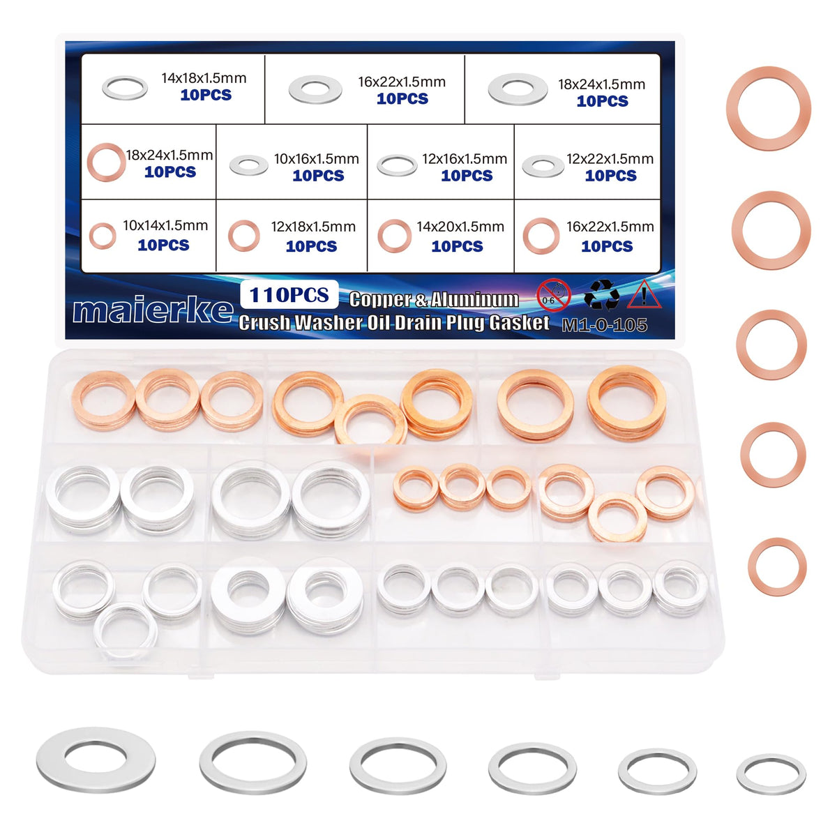 maierke 110PCS Crush Washer Oil Drain Plug Gasket Assortment,50PCS 5 Sizes Copper and 60PCS 6 Sizes Aluminum Oil Plug Washers Au