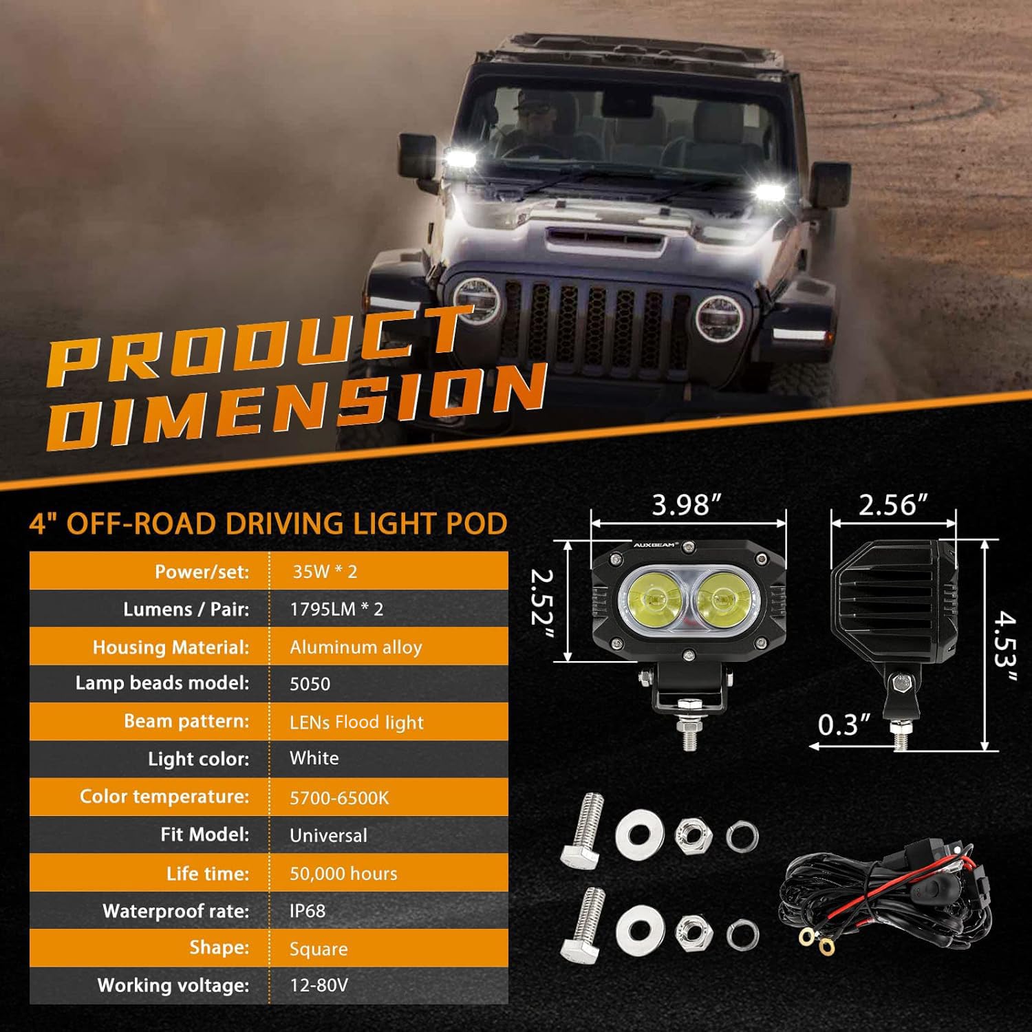 Auxbeam 4In Led Offroad Light For Truck, 60W Led Driving Pod Lights Super Flood Beam 2Pcs Led Pods A-Pillars Bumper Offroad Ligh