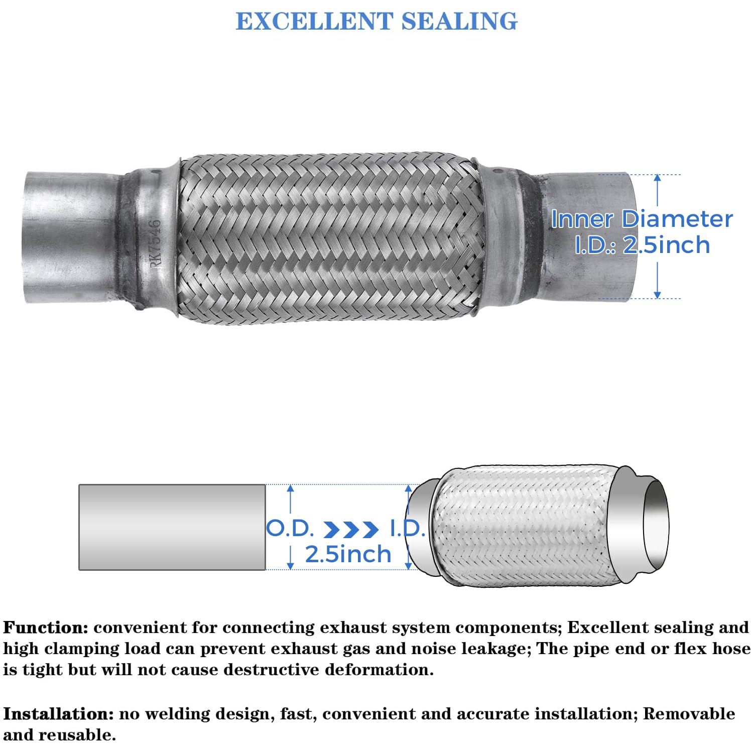 Rp Remarkable Power, Rk7546-2.5'' X 8'' Heavy Duty Stainless Steel Exhaust Flex Pipe 12'' Ol, 2 Pack