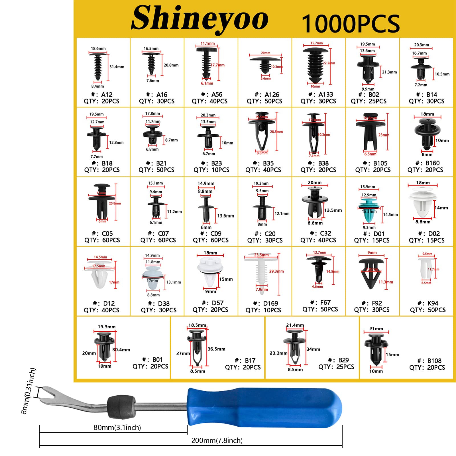 Car Retainer Clips 1101PCS Auto Fasteners Kit 32 Most Popular Sizes Fender Retainer Clips Car Rivet Clips Kit with 1 Fastener Re