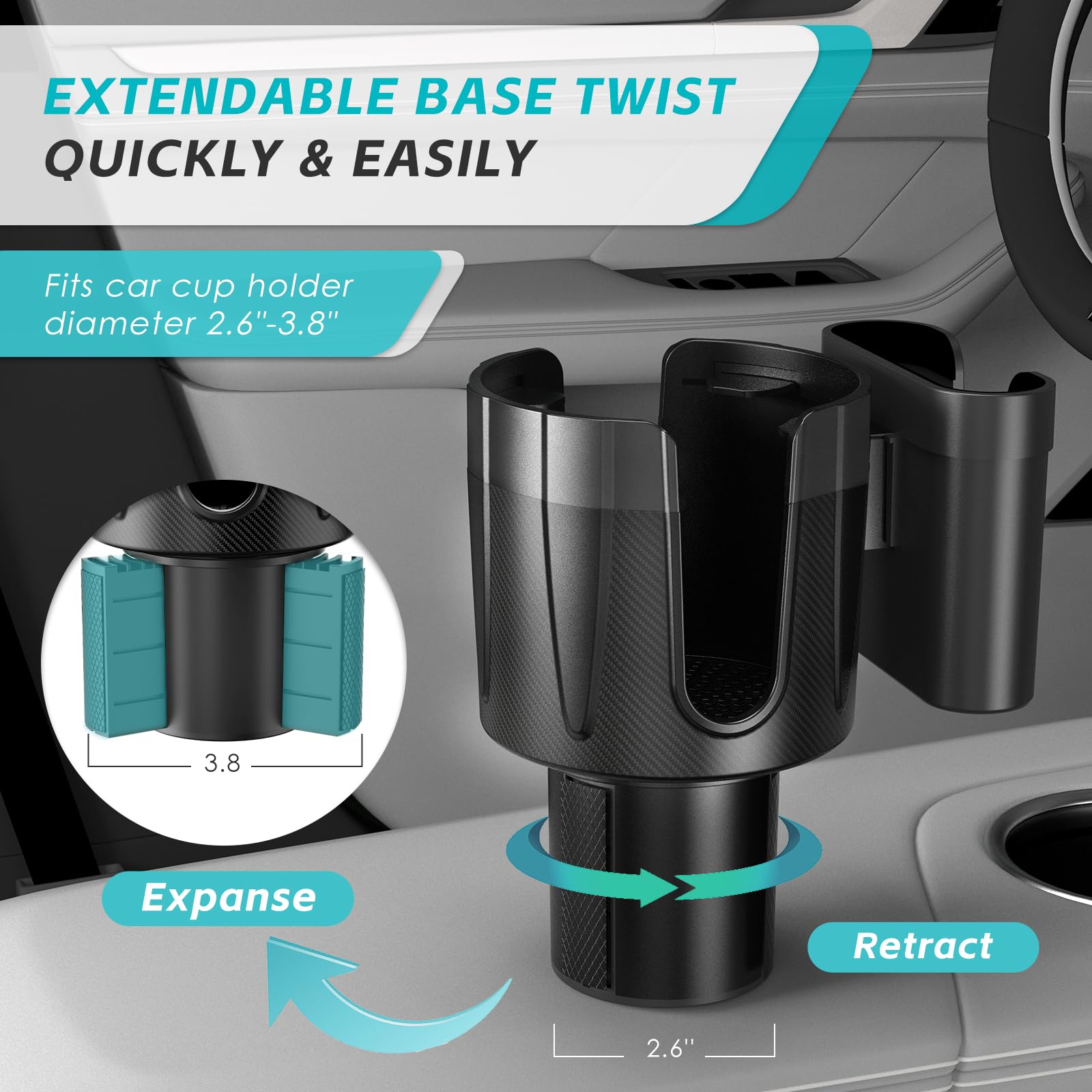 2-In-1-Car-Cup-Holder-Expander-Adapter With Phone Holder Adjustable Base Fits Most Cup Holder And Phones, Compatible For Hydrofl