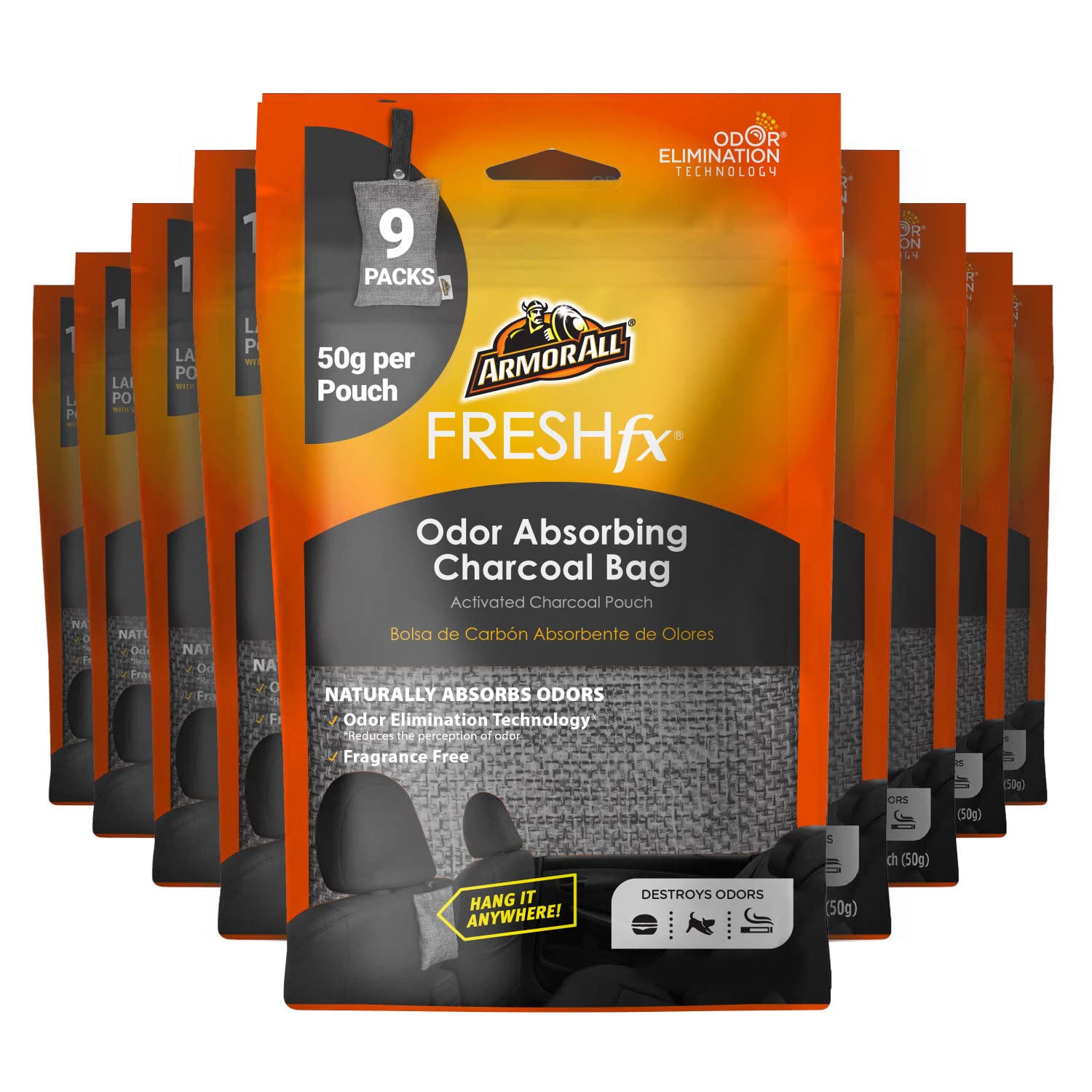 Armor All Fresh Fx Charcoal Deodorizer Bags , Natural Bamboo Car Odor Eliminator, Fragrance Free, 9 Pack